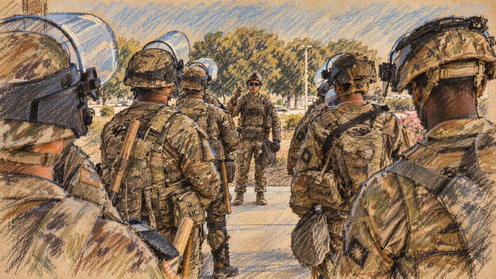 Courtroom-sketch editorial illustration of California Army National Guard soldiers gathered for an outdoor briefing during an archival June 2025 federal security mission in Los Angeles; it does not depict the September 2026 bill signing, rendered in warm ochre and slate-blue pastel strokes.