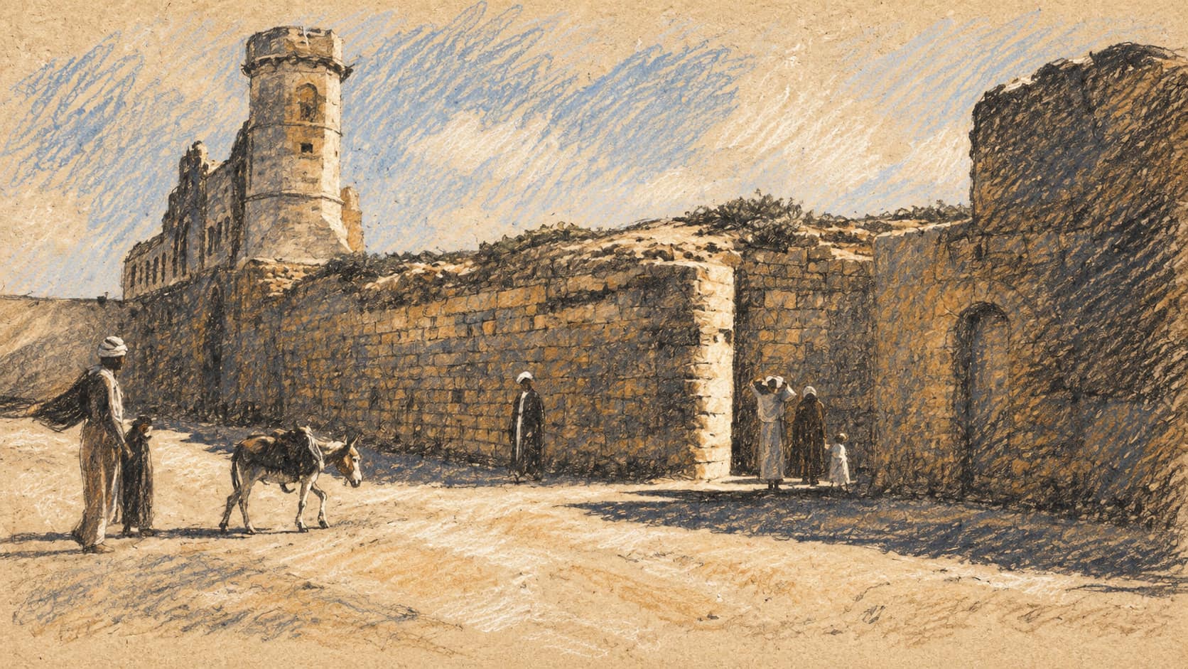 Courtroom-sketch editorial illustration derived from an archival public-domain 1930s photograph of the southern stone facade of the Yunis caravanserai in Khan Yunis; it provides location context and does not depict the reported September 2026 strike, the named Hamas commander or the October 7 attack.