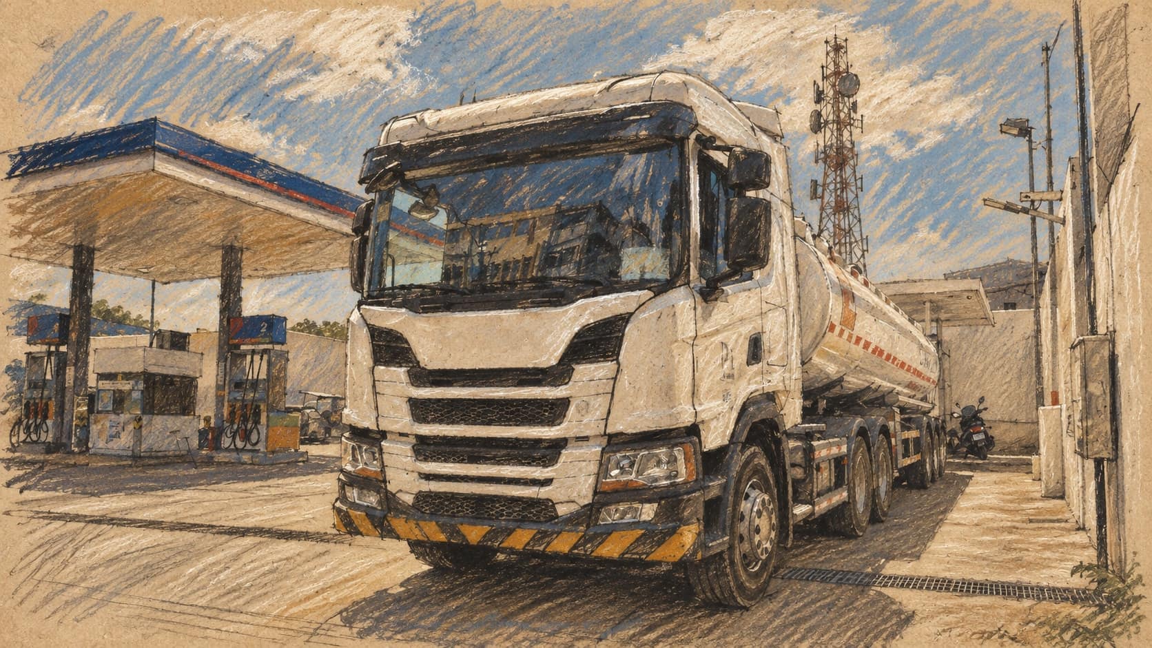 Courtroom-sketch editorial illustration of an archival contextual white tractor-trailer fuel tanker parked on a service-station forecourt in the Philippines; it does not depict the September 2026 Kenya crash or explosion, rendered in warm ochre and slate-blue pastel strokes.