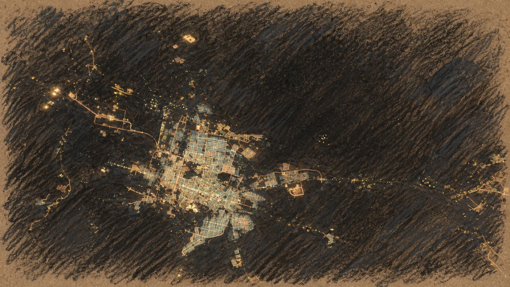 Courtroom-sketch editorial illustration derived from an archival public-domain NASA orbital night view of Riyadh; it provides geographic context and does not depict the reported Houthi missile, its interception or the attempted attacks on other Saudi cities.