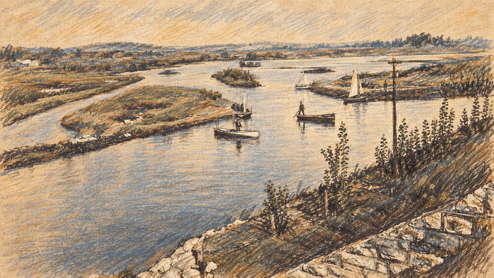 Courtroom-sketch editorial illustration of an archival 1893 view across Boksburg Dam with small boats and shoreline plantings; it does not depict Jabulile Ntimba, the accused women, the court proceedings, or any reported 2026 event, rendered in warm ochre and slate-blue pastel strokes.