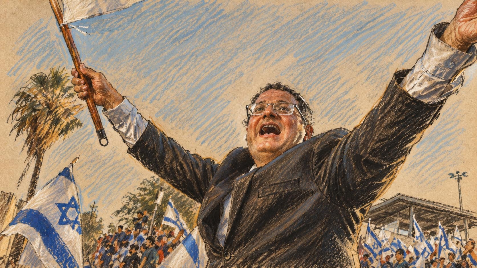 Courtroom-sketch editorial illustration of Itamar Ben Gvir raising both arms above a crowd carrying Israeli flags, adapted from a CC0 photograph taken in Jerusalem in June 2021; archival portrait context, not a depiction of his reported September 2026 statement about seeking the Defense Ministry.