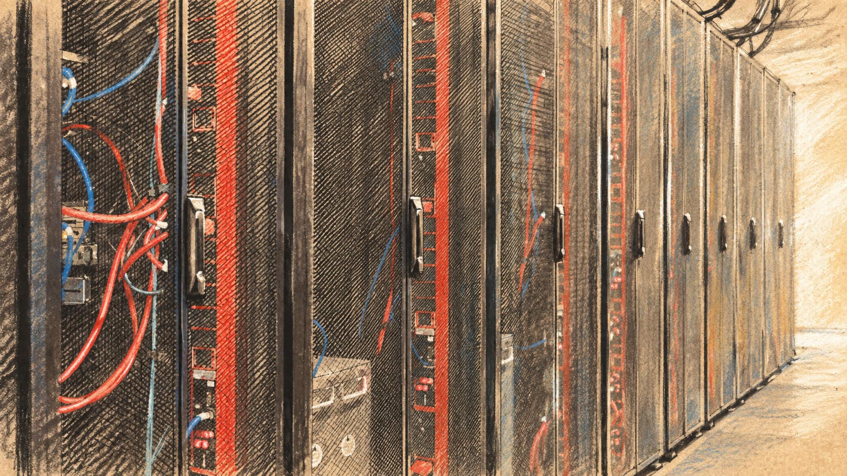 Courtroom-sketch editorial illustration of a modern server-room aisle with black mesh-front racks and red and blue network cables; contextual data-center imagery, not a depiction of Green Mountain facilities or the announced Buildots deployment.