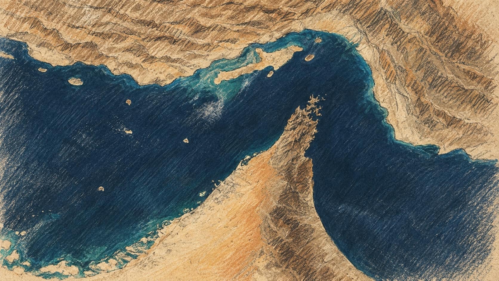 Courtroom-sketch editorial illustration derived from a public-domain December 2020 NASA satellite view of the Strait of Hormuz between Iran and the Musandam Peninsula; archival geographic context, not a depiction of the reported September 2026 diplomatic offer or seven-day reopening plan.