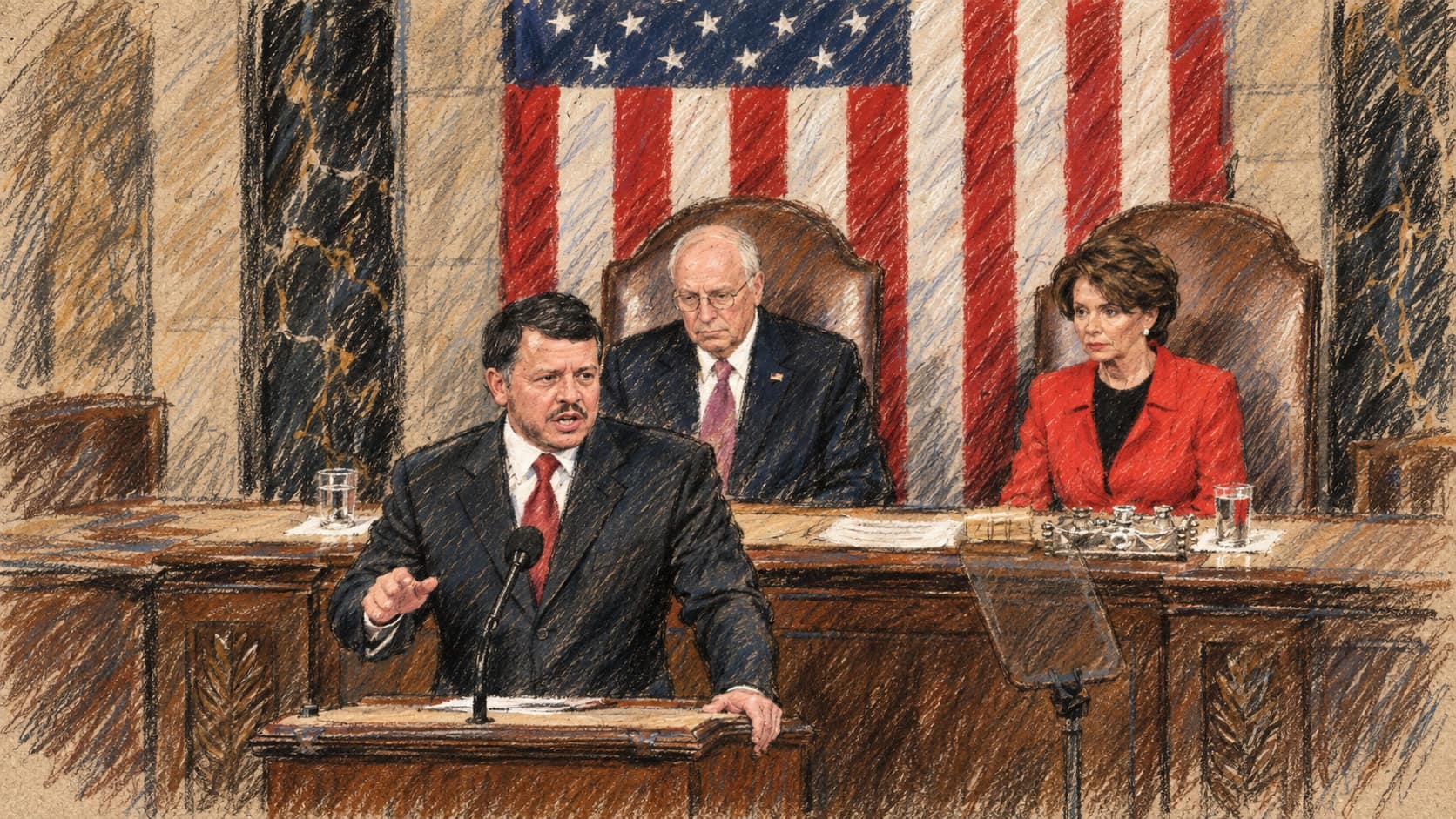 Courtroom-sketch editorial illustration of King Abdullah II speaking at a lectern during a 2007 address to the U.S. Congress, with Vice President Dick Cheney and House Speaker Nancy Pelosi seated behind him; archival formal-address context, not a depiction of his reported 2026 United Nations General Assembly remarks.