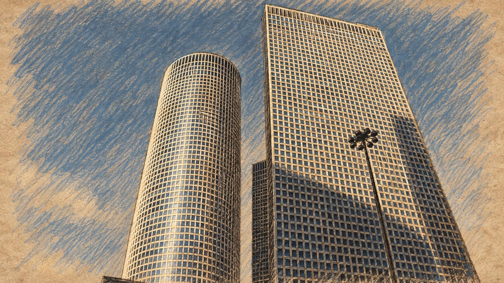 Courtroom-sketch editorial illustration of the Azrieli Center towers in Tel Aviv; contextual city architecture, not a depiction of September 22 trading.