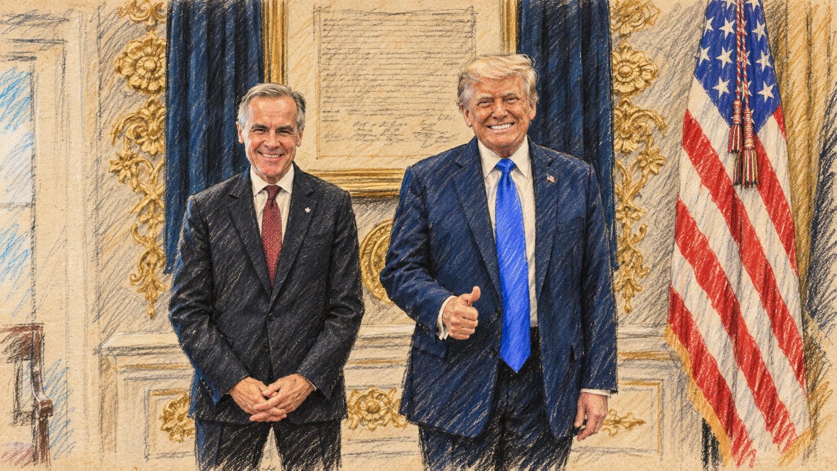 Courtroom-sketch editorial illustration of Canadian Prime Minister Mark Carney standing beside U.S. President Donald Trump, who gives a thumbs-up, in the Oval Office before a framed historic document and an American flag; archival context from their October 2025 White House meeting, not a depiction of the September 2026 interview, rendered in warm ochre and slate-blue pastel strokes.