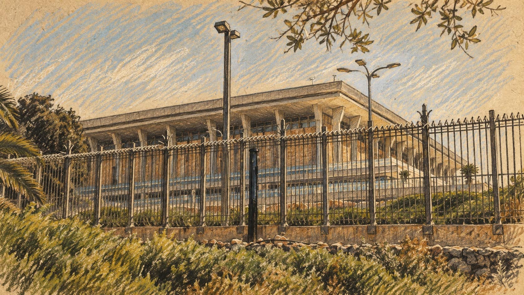 Courtroom-sketch editorial illustration of the Knesset building behind a fence in Jerusalem, based on an archival 2018 photograph; institutional context, not a depiction of the September 2026 Finance Committee decision.