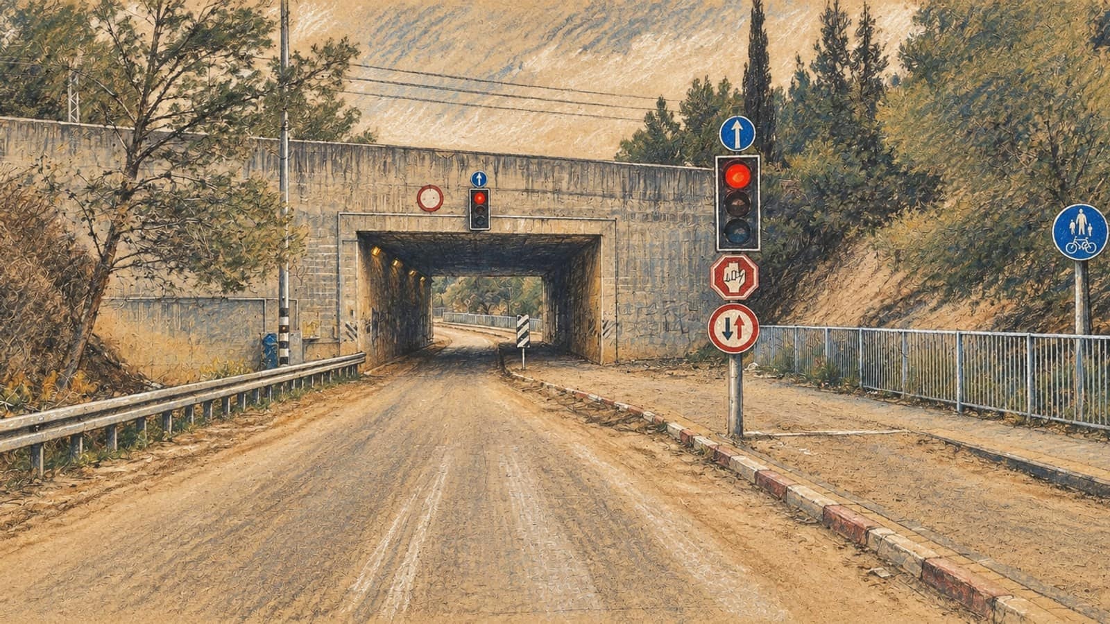 Courtroom-sketch editorial illustration of an archival Route 443 underpass near Modi'in; road context, not a depiction of the September 2026 ramming.