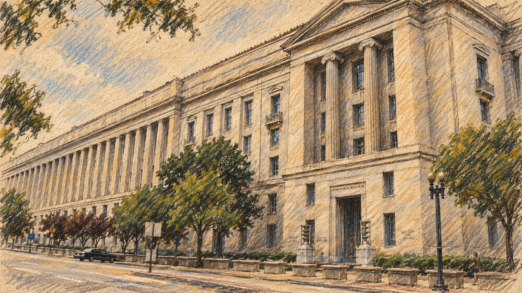 Courtroom-sketch editorial illustration of the Robert F. Kennedy Department of Justice Building in Washington, viewed from Constitution Avenue with roadside trees, rendered in warm ochre and slate-blue pastel strokes; archival architectural context, not a depiction of the September 2026 ruling or announcement.