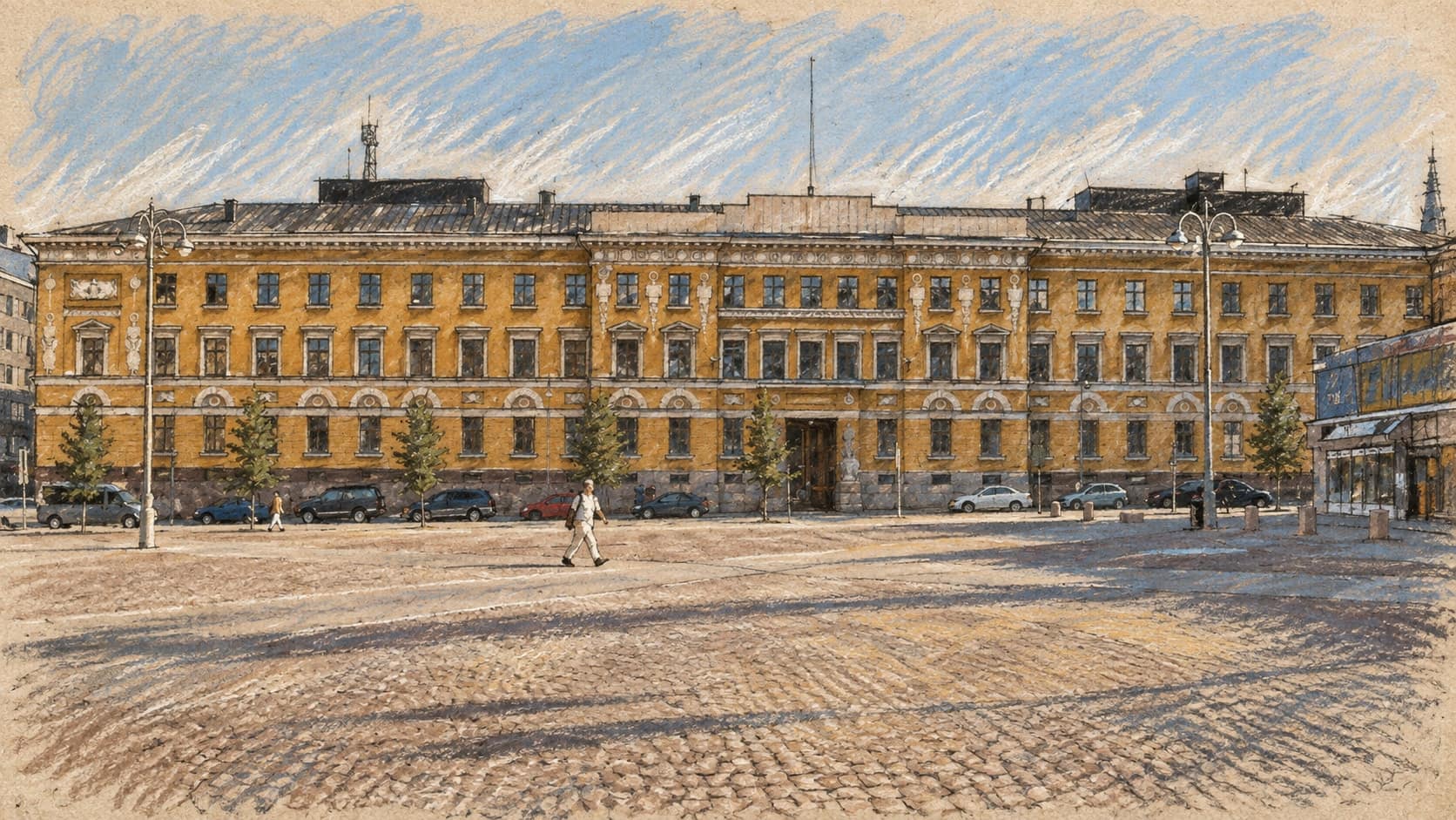 Courtroom-sketch editorial illustration of Finland's Ministry of Defence building in Helsinki across a cobblestone square, with parked cars, streetlights and a pedestrian; archival institutional context from 2007, rendered in warm ochre and slate-blue pastel strokes.