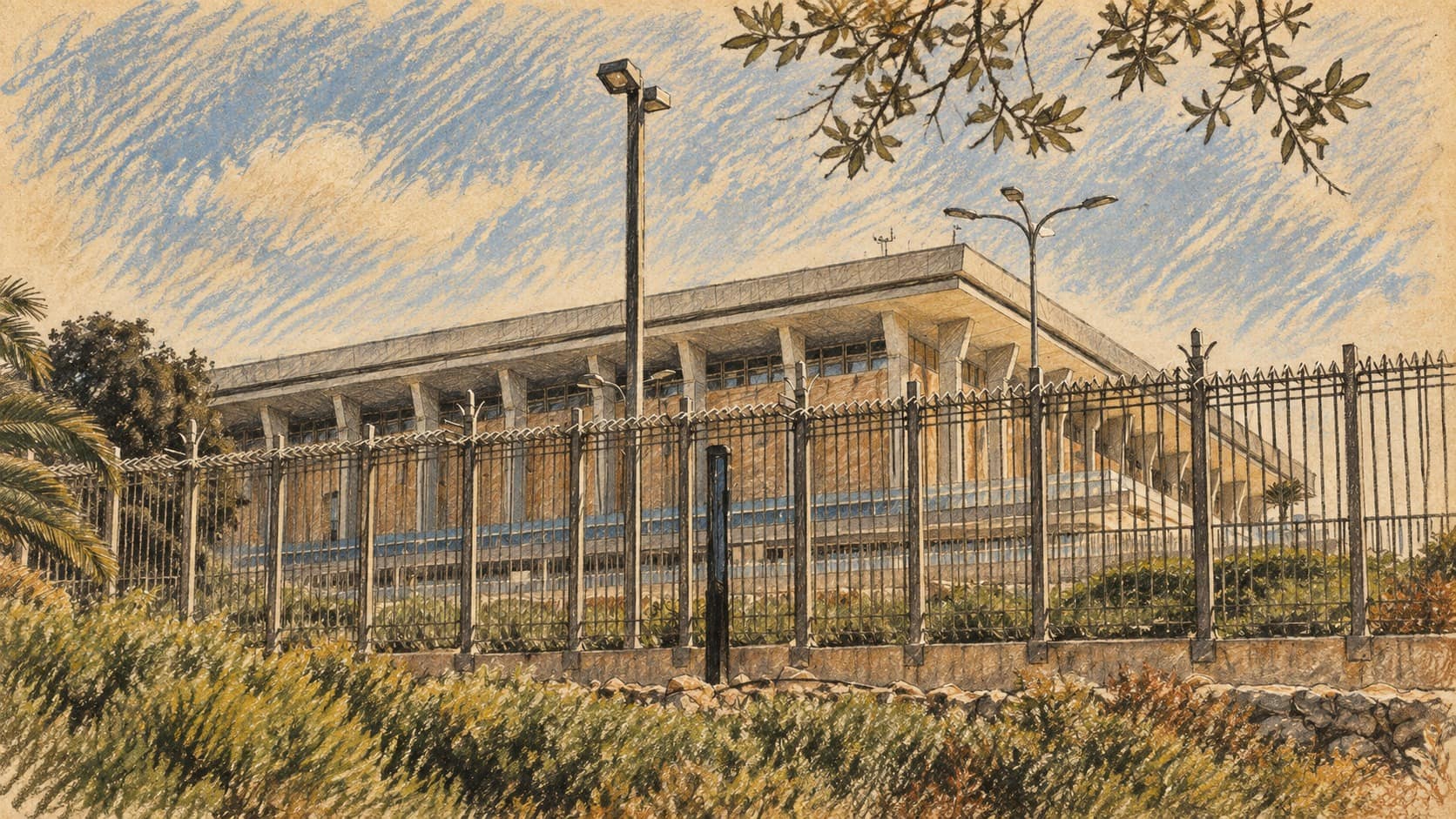 Courtroom-sketch editorial illustration of the Knesset building behind a fence in Jerusalem, based on an archival 2018 photograph; institutional context, not a depiction of Yoseph Haddad or his 2026 interview.