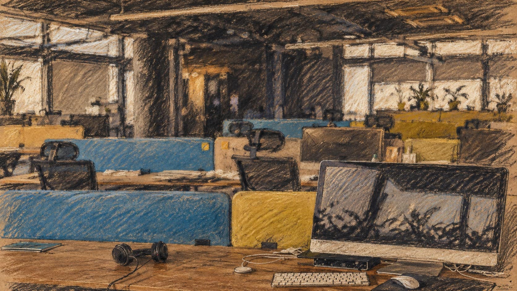 Courtroom-sketch editorial illustration of desktop computers and blue and yellow desk partitions in an empty open office; generic technology workplace context, not Island's offices or the September 2026 funding announcement.