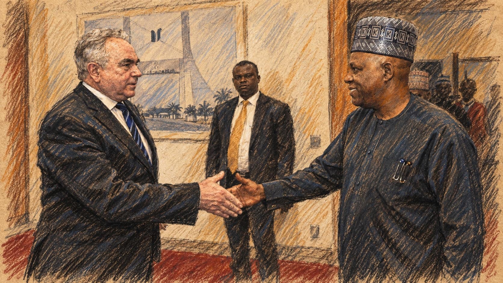 Courtroom-sketch editorial illustration of Nigerian Vice President Kashim Shettima, in a dark kaftan and embroidered cap, shaking hands with U.S. Deputy Secretary of State Kurt Campbell as an aide stands before a framed picture on a red-carpeted floor; archival context from their April 2024 meeting in Abuja, not a depiction of his September 2026 UN General Assembly address, rendered in warm ochre and slate-blue pastel strokes.