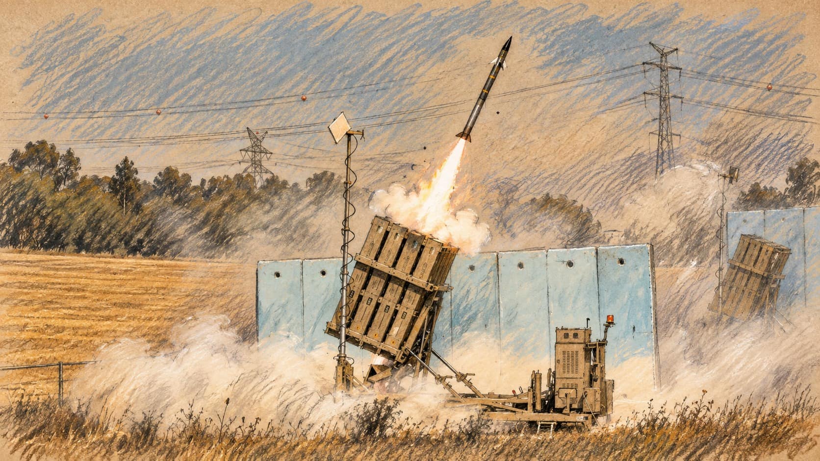 Courtroom-sketch editorial illustration of a tan Iron Dome launcher firing an interceptor missile into a hazy sky on a bright exhaust flame, with white smoke rolling across dry grass in front of pale blue concrete blast walls, drawn from a May 2021 IDF photograph taken in Israel during Operation Guardian of the Walls; an archival image of an Israeli air-defense launch for context, not a depiction of the September 25, 2026 interceptor launch toward southern Lebanon.