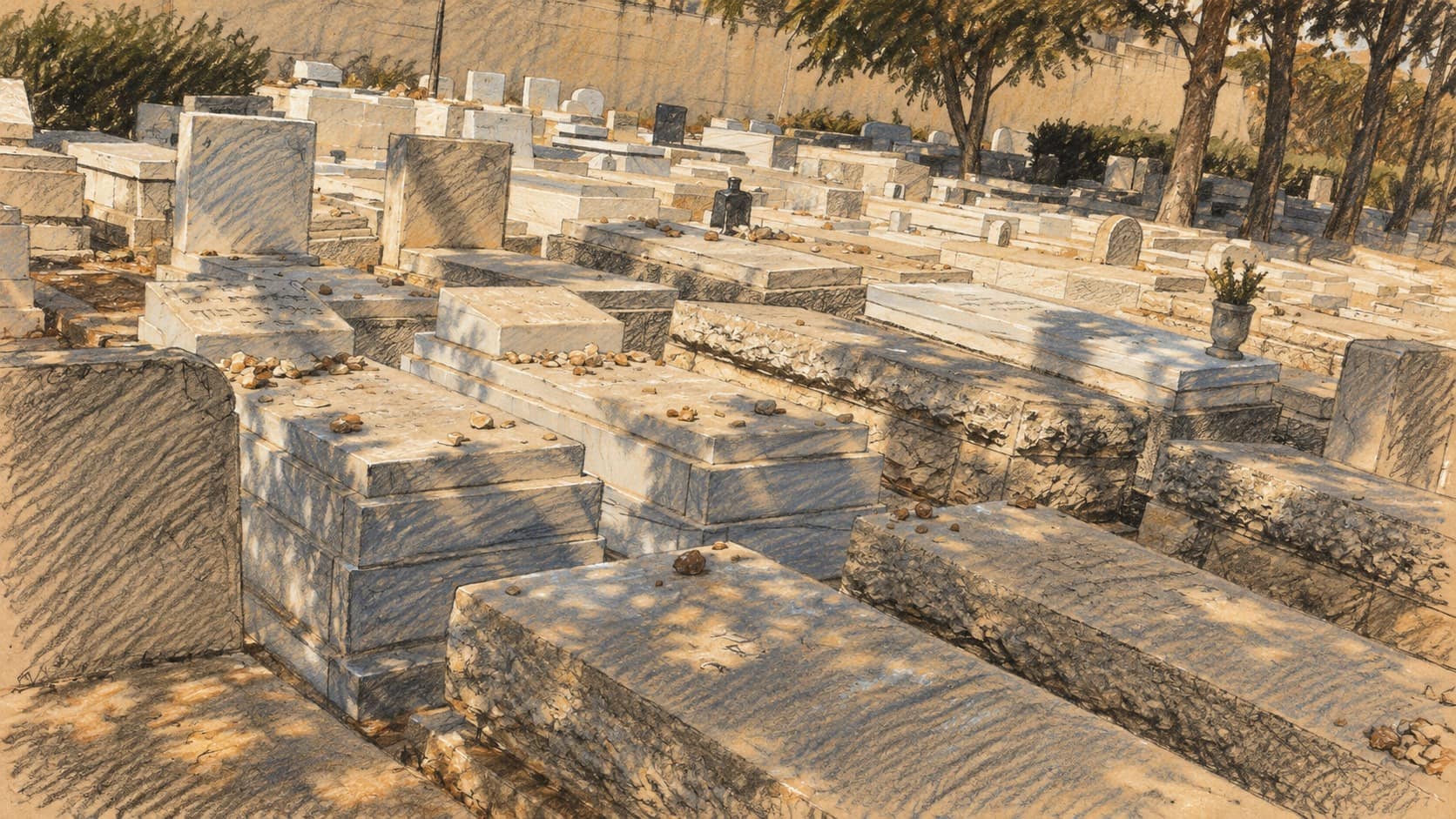 Courtroom-sketch editorial illustration of rows of flat pale Jerusalem-stone graves with small pebbles resting on them in the Sanhedria cemetery in Jerusalem, receding under dappled tree shade toward a stone wall, drawn from a September 2008 photograph; contextual image of the cemetery where Rabbi David Batzri was buried, not a depiction of his grave, his funeral procession or the September 25, 2026 eulogies.