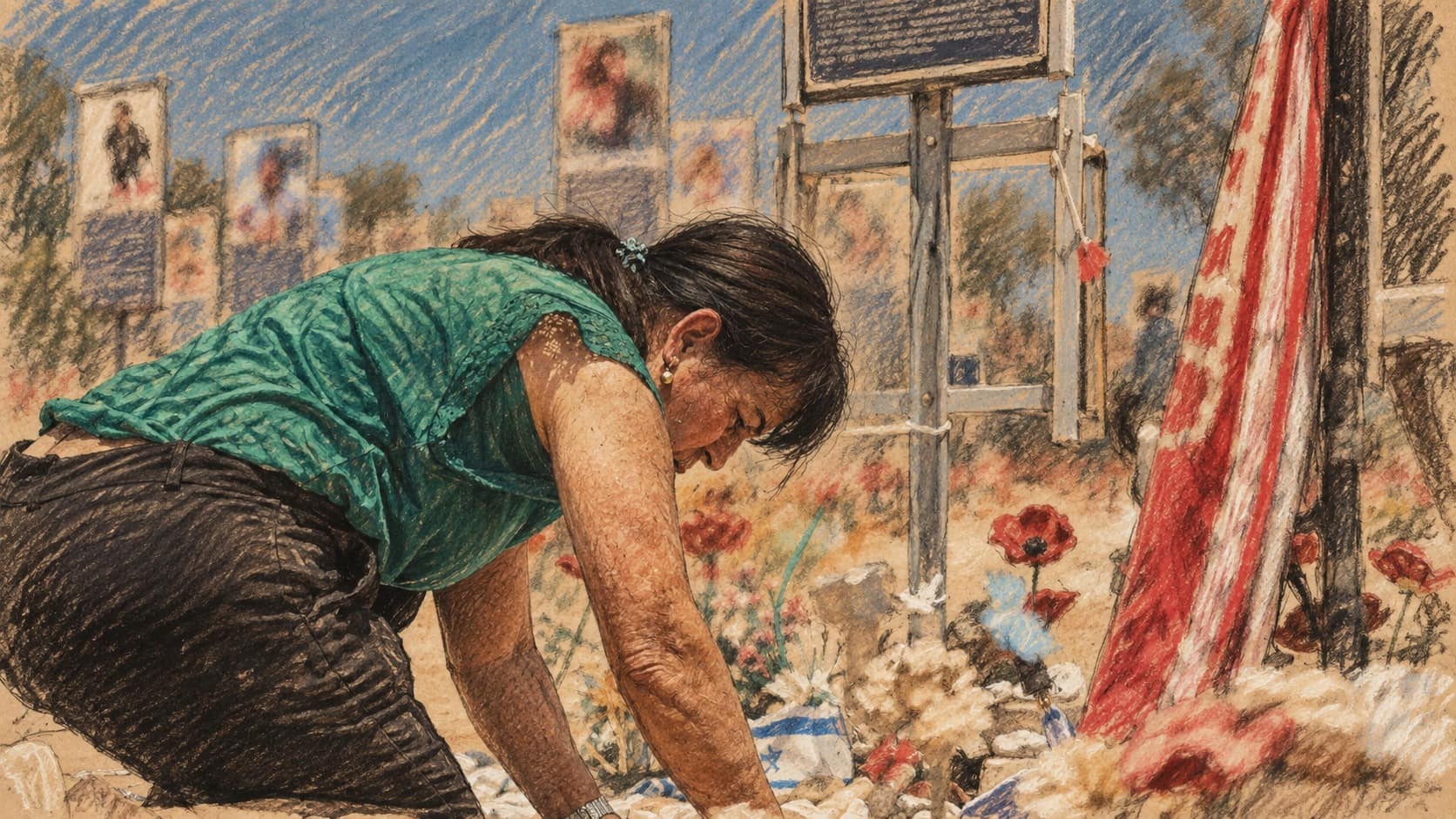 Courtroom-sketch editorial illustration of a bereaved mother in a green blouse kneeling with her head bowed as she tends her son's memorial, laid with red anemones, keepsakes and a blue-and-white flag, beside a red-and-white banner and rows of victims' photo placards at the Nova festival memorial site near Kibbutz Re'im, drawn from a July 2026 photograph; contextual image of the memorial site, not a depiction of a Simchat Torah gathering or of KKL-JNF's request to police.