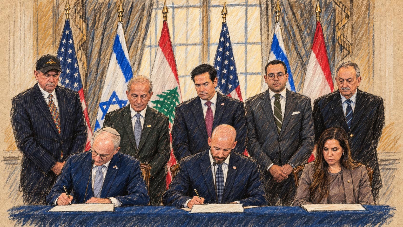 Courtroom-sketch editorial illustration of Israeli and U.S. officials signing documents at a long blue-draped table while Lebanon's ambassador sits beside them and six officials, including U.S. Secretary of State Marco Rubio, stand behind before alternating Israeli, American and Lebanese flags, drawn from a U.S. State Department photograph of the June 2026 Israel-Lebanon-U.S. trilateral framework signing in Washington; archival context of the framework, not a depiction of Lebanese Prime Minister Nawaf Salam's September 2026 speech at the UN General Assembly.