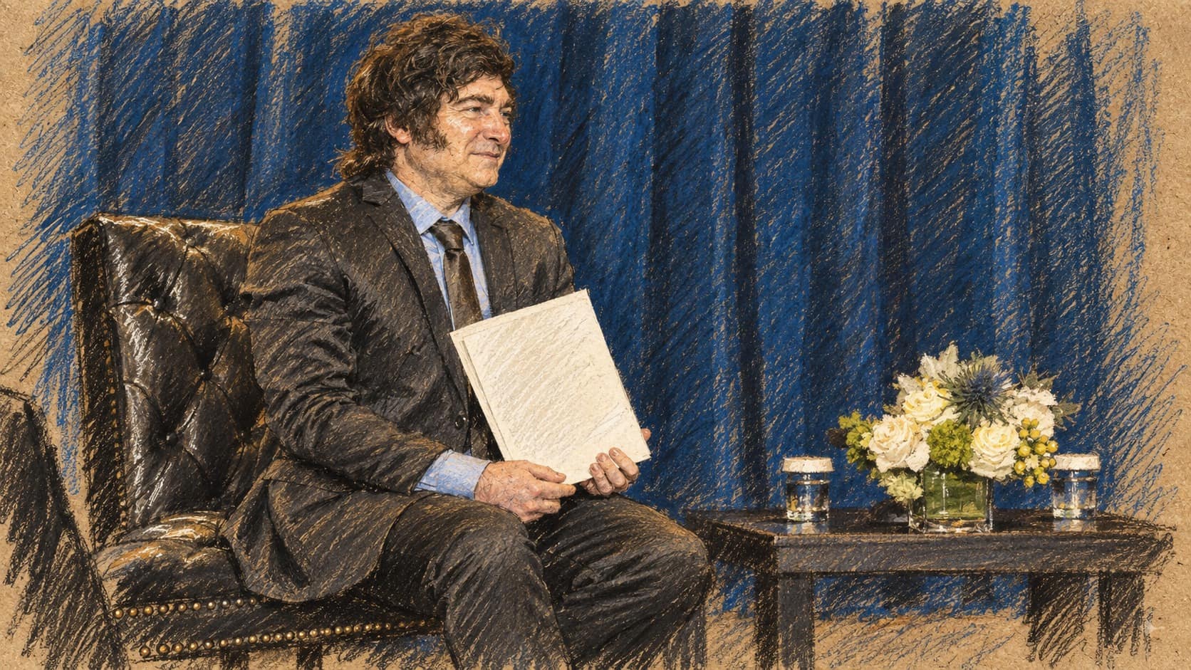 Courtroom-sketch editorial illustration of Argentine President Javier Milei seated in a leather armchair holding a sheet of paper before a blue curtain, beside a small table with white flowers, at U.N. Headquarters in New York during General Assembly week in September 2025; an archival contextual portrait, not a depiction of Prime Minister Benjamin Netanyahu or their September 24, 2026 meeting.