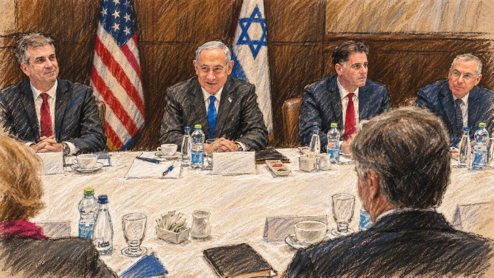 Courtroom-sketch editorial illustration of Prime Minister Benjamin Netanyahu, gray-haired in a dark suit and blue tie, seated at the center of a long white-clothed conference table between Israeli officials, with American and Israeli flags behind him, drawn from a January 2023 State Department photograph of a Jerusalem meeting with the U.S. secretary of state; an archival image for context, not a depiction of the October 1, 2023 security meeting.