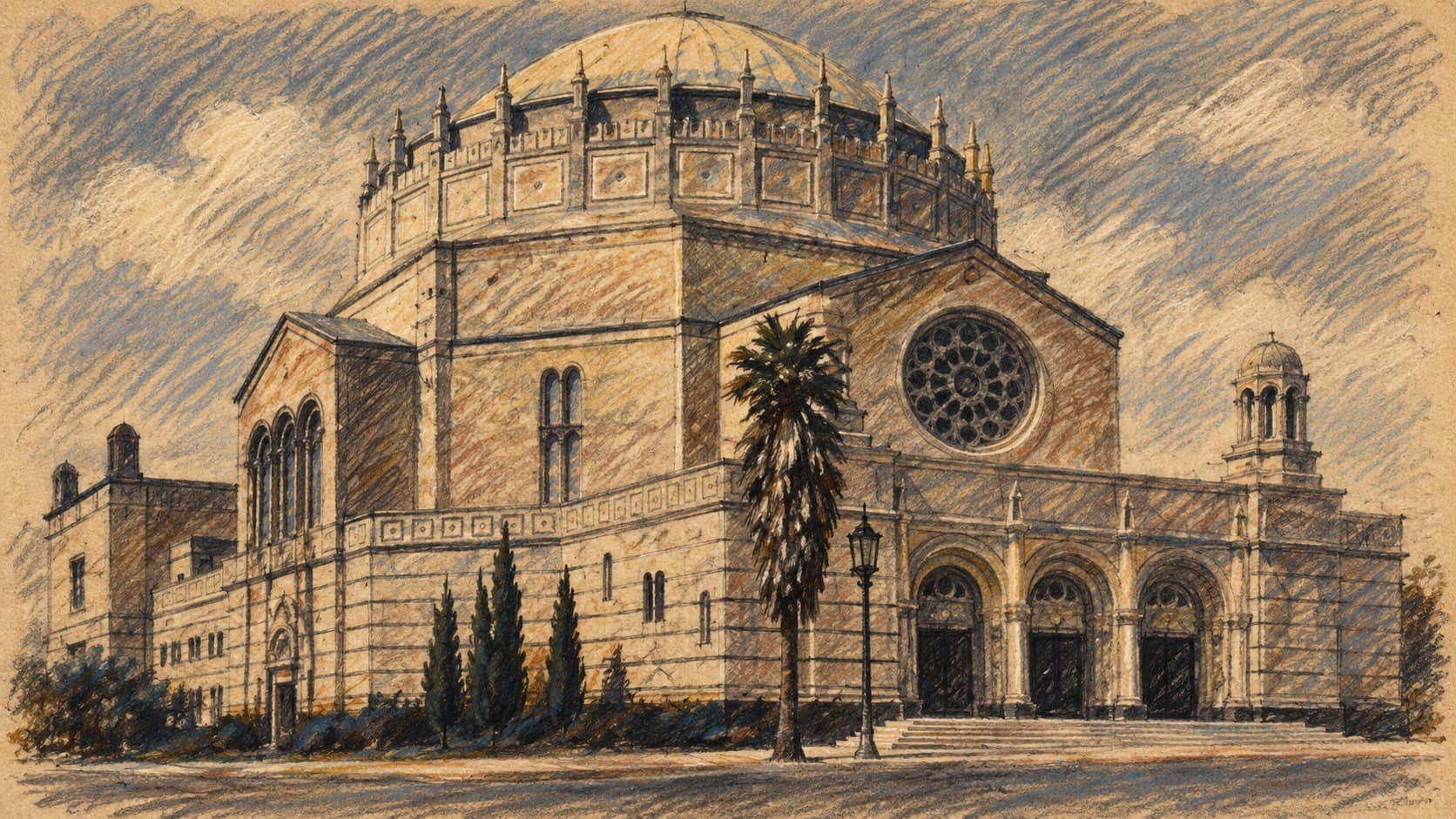 Courtroom-sketch editorial illustration of the domed Wilshire Boulevard Temple in Los Angeles, with its ribbed dome, rose window, arched entrance doors and a palm tree in front, drawn from a 1930 published photograph of the synagogue (then Temple B'nai B'rith); an archival view of the temple for context, not a depiction of Governor Gavin Newsom's September 25, 2026 bill signing there.