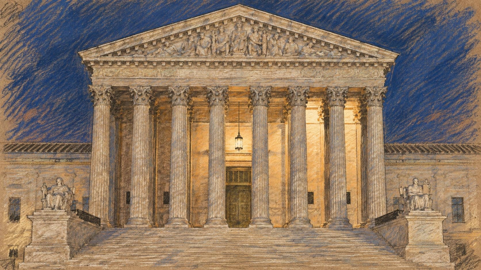 Courtroom-sketch editorial illustration of an archival 2007 head-on view of the U.S. Supreme Court building in Washington at dusk, its carved marble pediment, tall Corinthian columns and lit portico above the wide front steps flanked by two seated marble statues; institutional context for the Court's September 25, 2026 order, not the order itself, rendered in warm ochre and slate-blue pastel strokes.