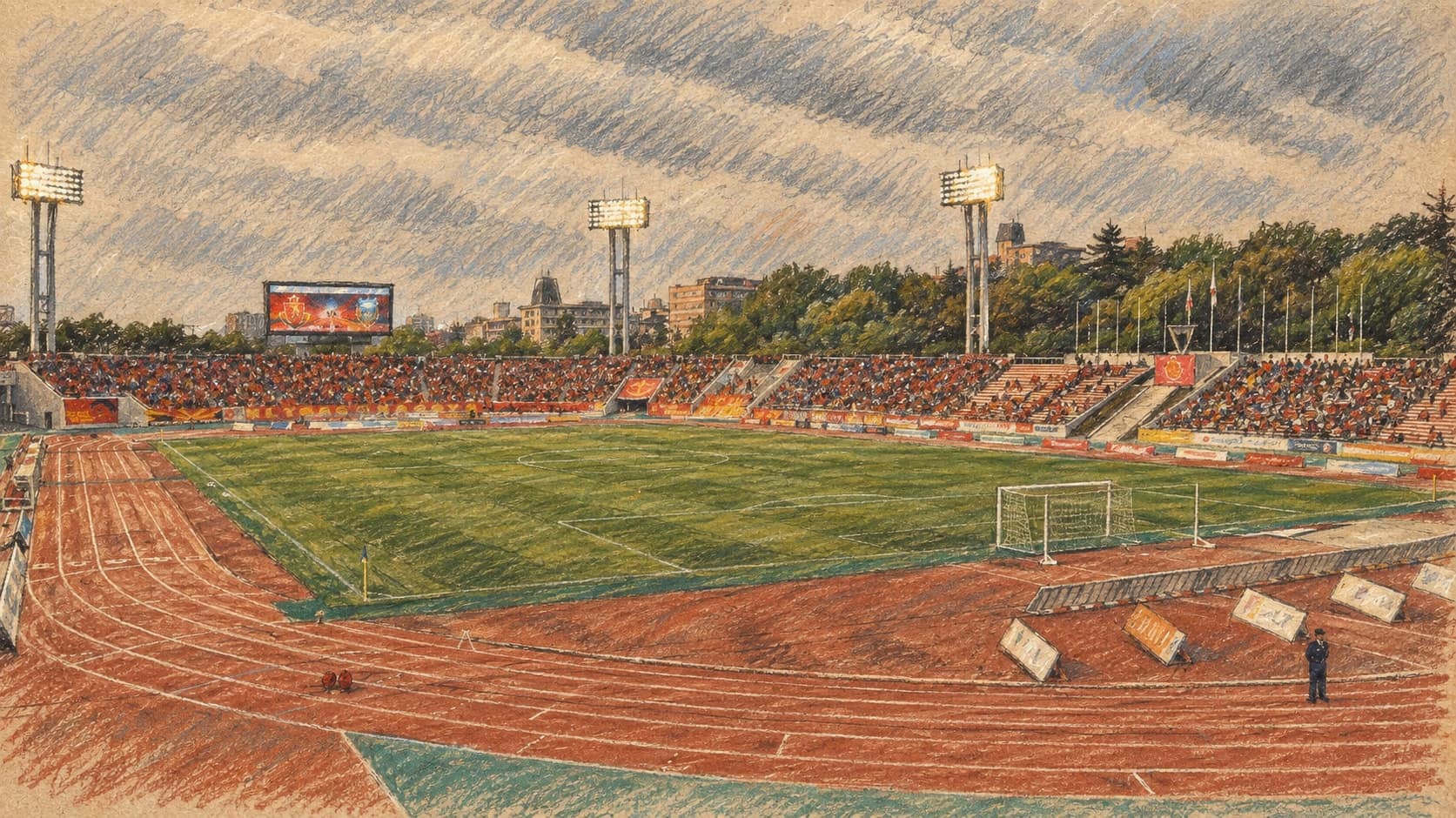 Courtroom-sketch editorial illustration of an archival April 2011 view from the stands of Nagoya's former Mizuho athletics stadium, the red running-track lanes curving toward a green infield under floodlight towers, a scoreboard and packed stands; venue context for the rebuilt Mizuho Park stadium that hosted the Asian Games athletics, not the September 25, 2026 100m final itself, rendered in warm ochre and slate-blue pastel strokes.