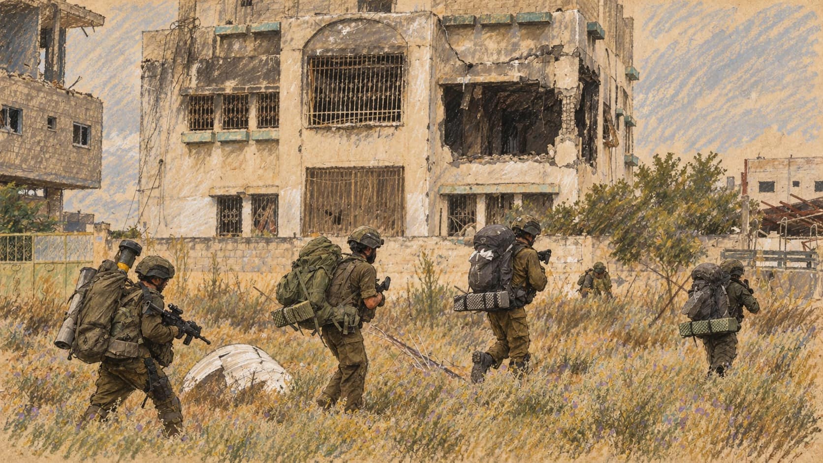 Courtroom-sketch editorial illustration of Jerusalem Brigade (16th Brigade) infantry soldiers with helmets and heavy packs advancing through tall grass toward a damaged concrete building, drawn from an August 2024 IDF photograph of the brigade in central Gaza; archival context of the brigade, not a depiction of the fallen reservists or the September 24, 2026 drone incident near Beit Hanoun.
