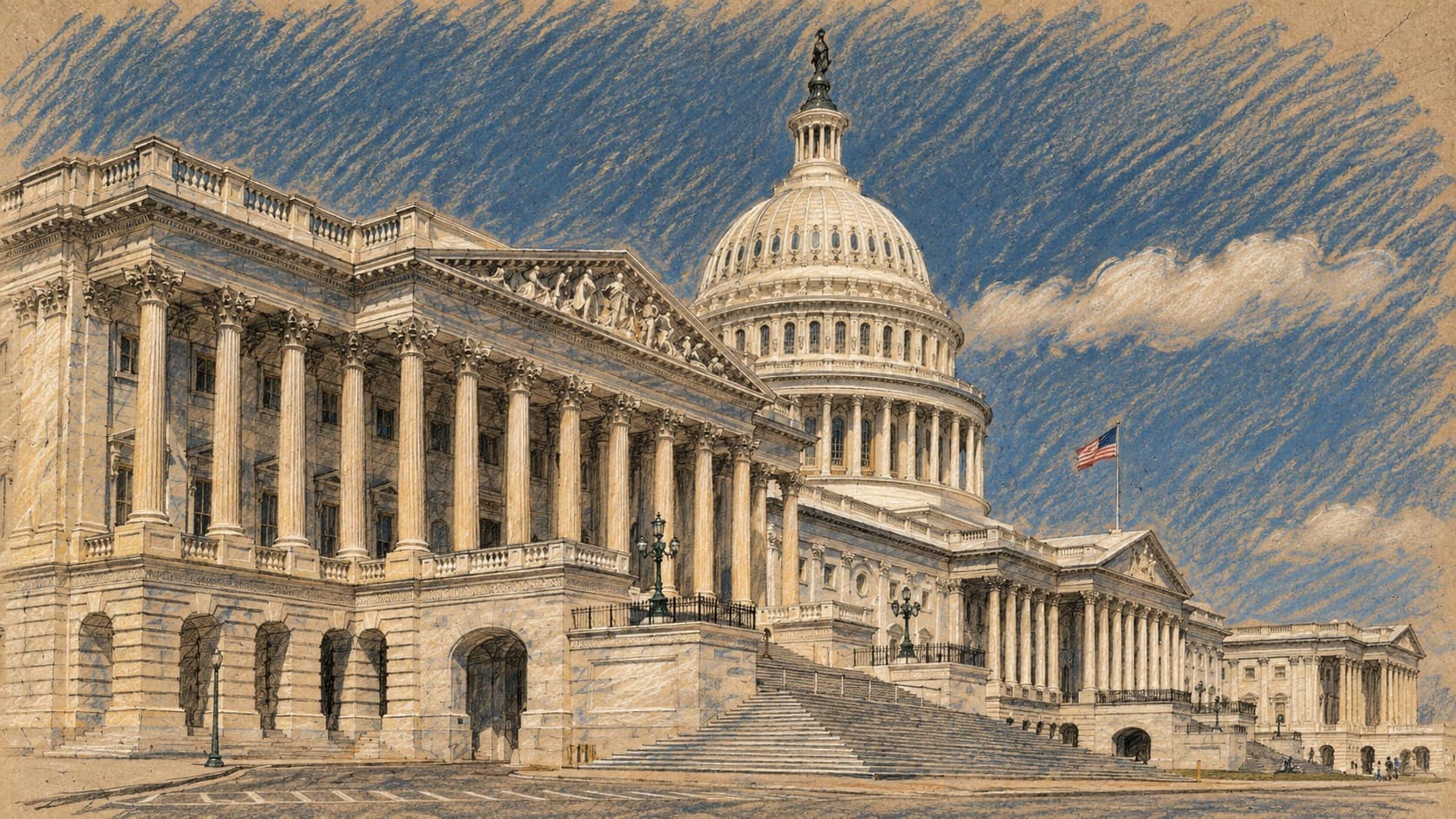 Courtroom-sketch editorial illustration of the white marble east front of the United States Capitol in Washington, D.C., a colonnaded wing and broad steps leading toward the great dome under a blue sky, drawn from an archival photograph; a contextual image of the Capitol, not a depiction of the Senate's September 24, 2026 vote on the Iran war powers resolution.