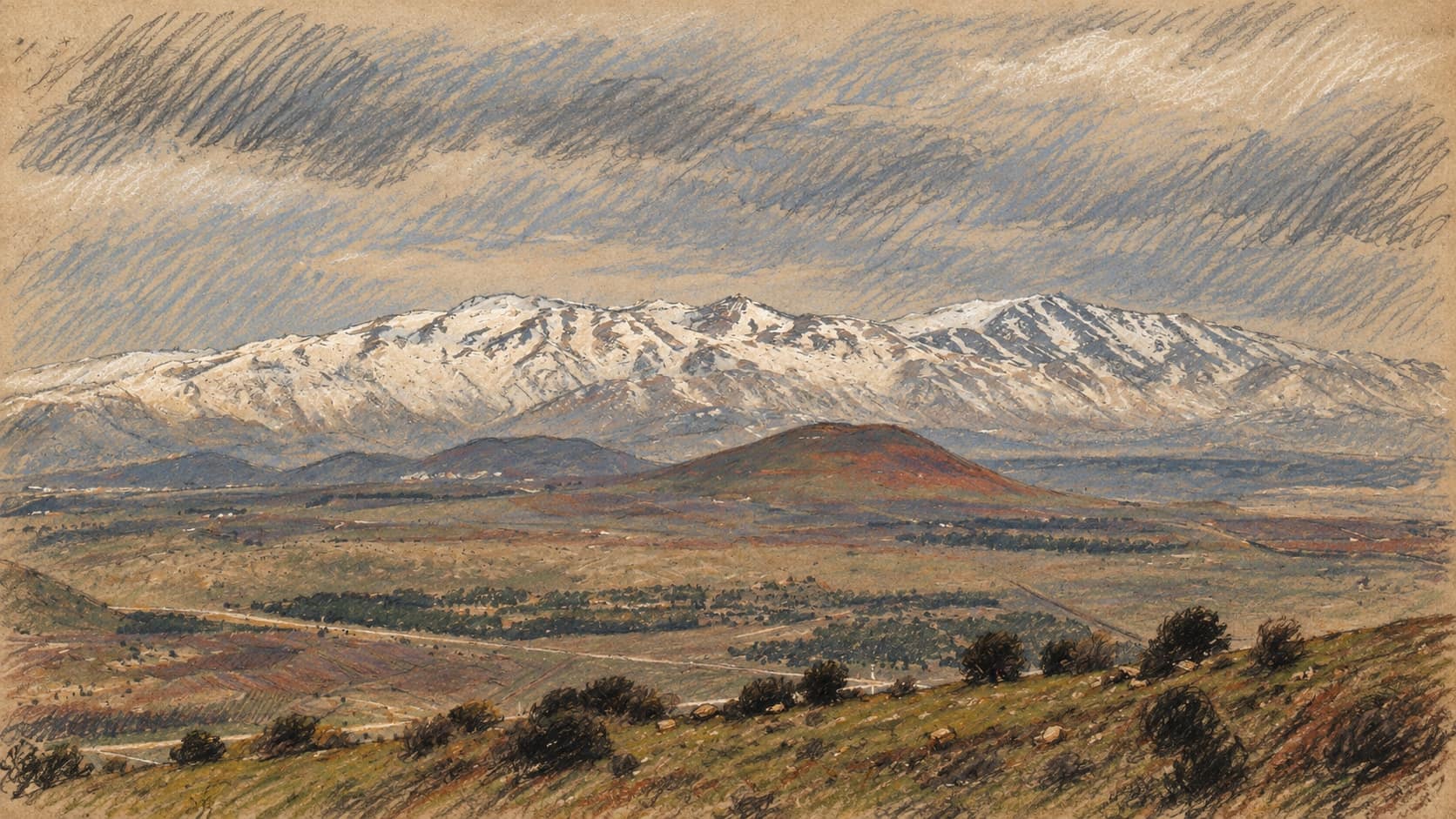 Courtroom-sketch editorial illustration of the snow-capped Mount Hermon ridge above a volcanic hill and a broad plain, seen from Mount Bental on the Golan Heights in 2005; a contextual view of the Hermon massif, whose Syrian slopes rise above Beit Jinn, not a depiction of Beit Jinn or of the Israeli positions reported there.
