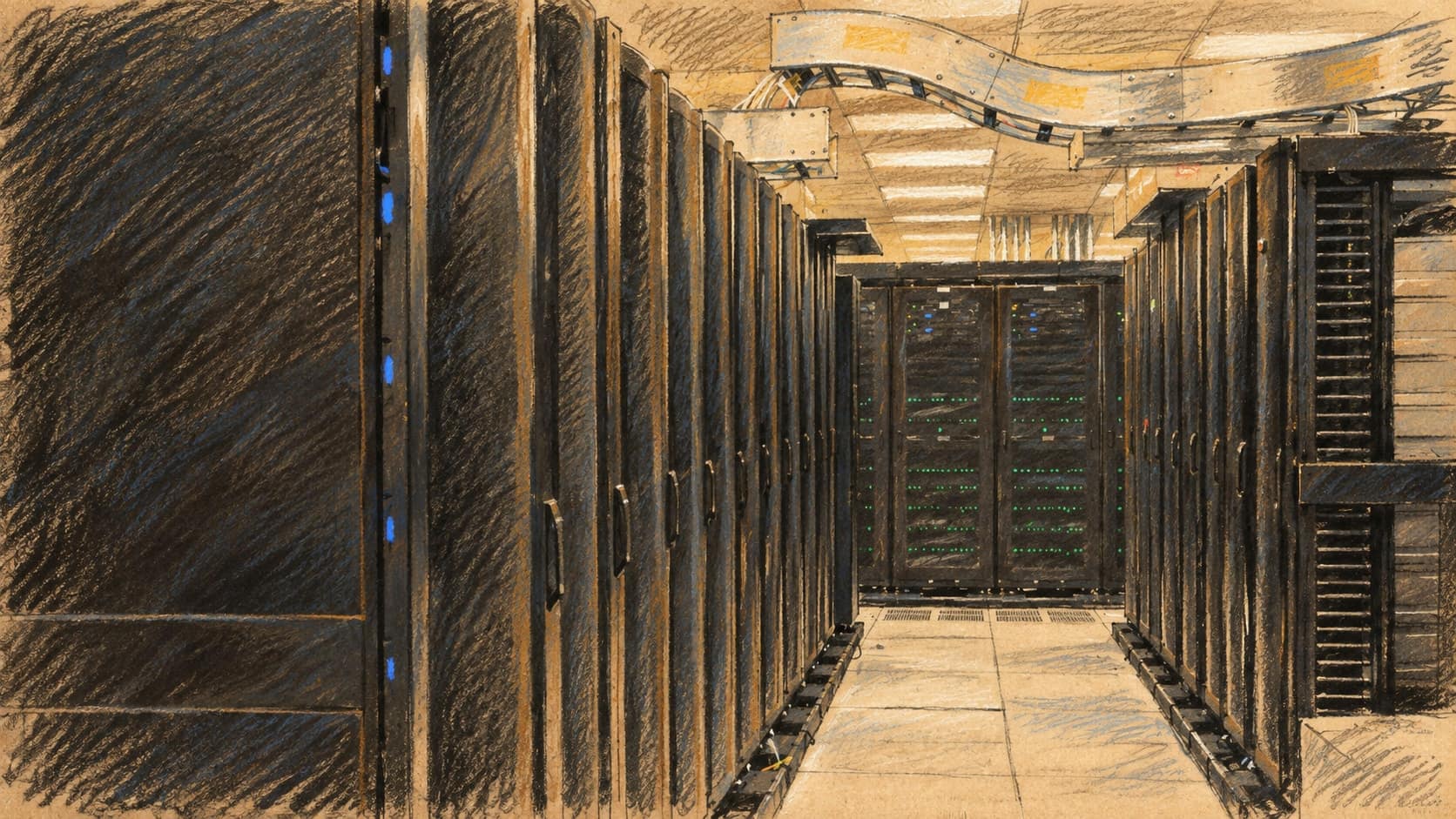 Courtroom-sketch editorial illustration of an archival 2011 view down a data-centre aisle between tall rows of dark server racks with small status lights and an overhead cable tray; generic computing context for the story, not the AIHW website's servers, OpenAI's agents or any system involved, rendered in warm ochre and slate-blue pastel strokes.