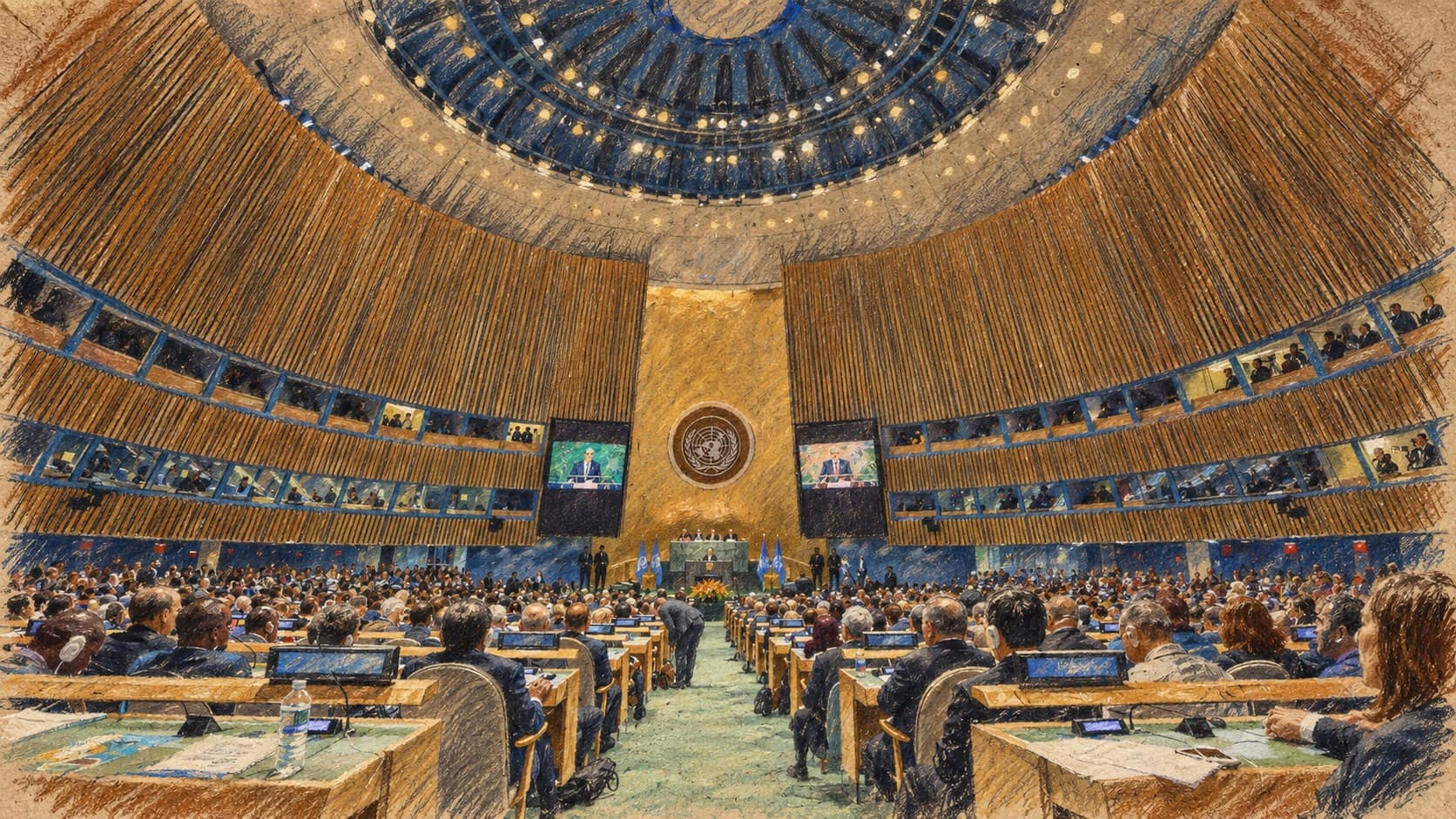 Courtroom-sketch editorial illustration of a wide view from the back of the U.N. General Assembly Hall, with rows of delegates seated at long desks along a green-carpeted aisle facing the distant rostrum beneath the gold wall and domed ceiling, drawn from an April 2016 State Department photograph; a contextual image of the hall, not a depiction of Prime Minister Netanyahu's September 24, 2026 address or of Trinidad and Tobago's delegation.