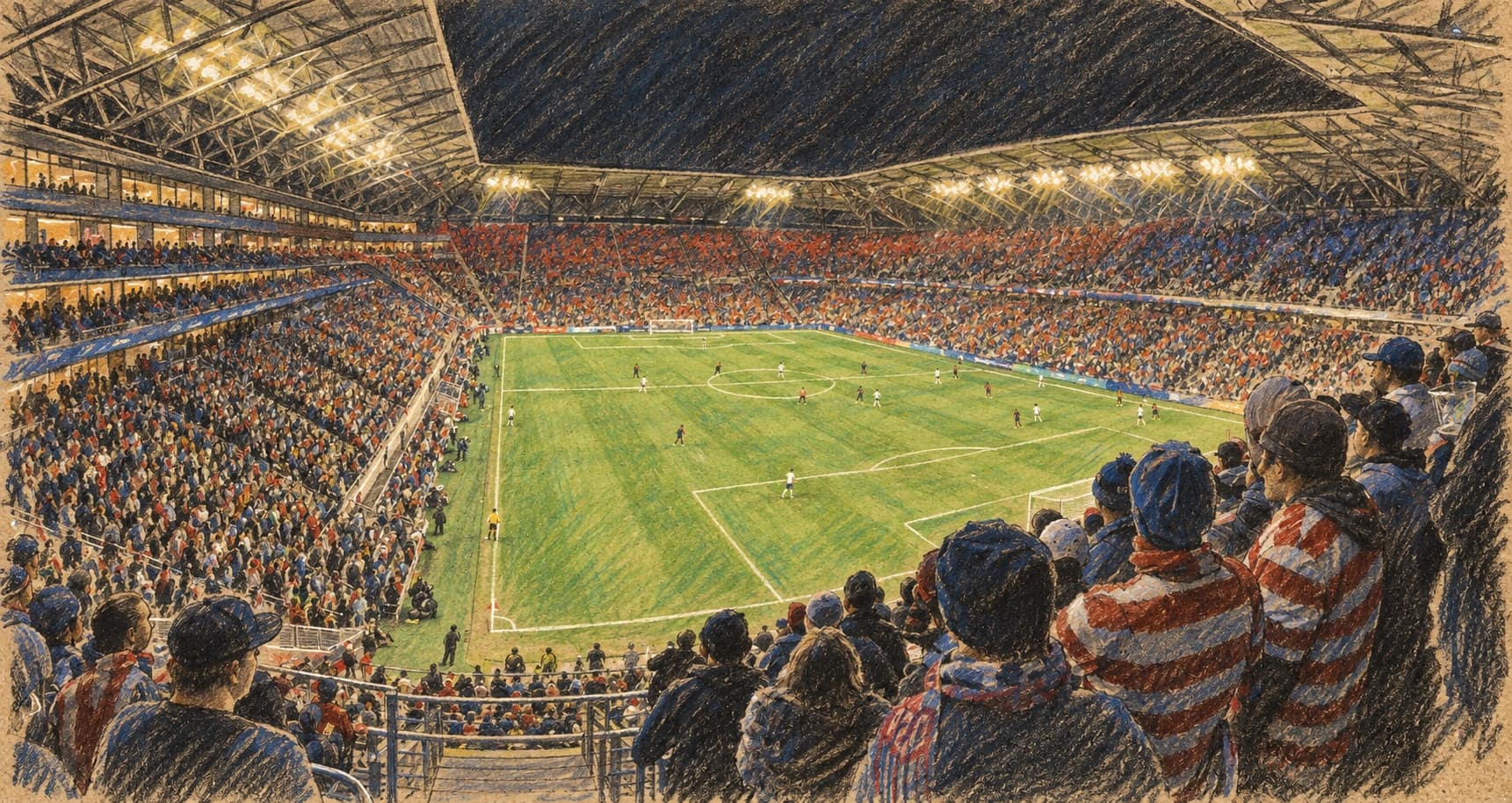 Courtroom-sketch editorial illustration of fans in striped shirts watching a floodlit night U.S. men's national team match from the upper stands of a packed soccer stadium; archival 2021 World Cup qualifier context in Cincinnati, not the September 26 Orlando friendly against Peru, rendered in warm ochre and slate-blue pastel strokes.