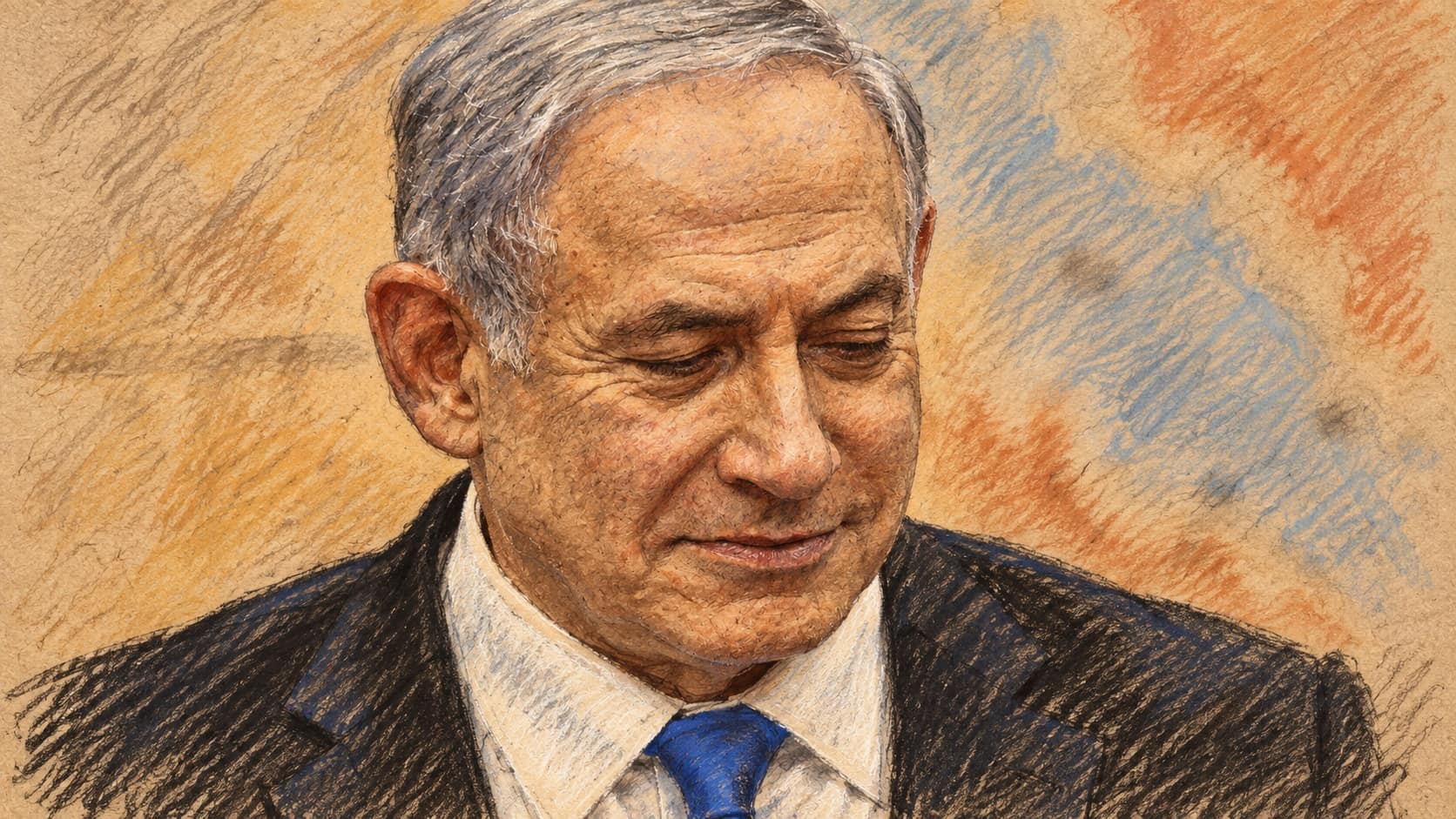 Courtroom-sketch editorial illustration of Benjamin Netanyahu in an archival portrait; the 2019 image does not depict the 2026 video dispute involving Yair Golan.
