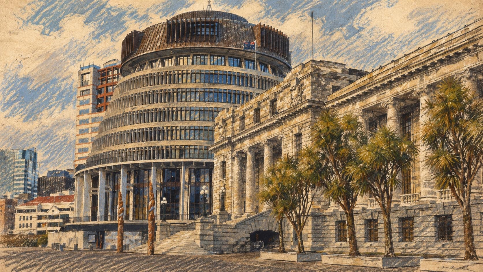 Courtroom-sketch editorial illustration of an archival October 2024 view of New Zealand's Parliament in Wellington, the round Beehive executive wing beside the columned stone Parliament House, cabbage trees along the forecourt; institutional context for the 2026 election, not the September 27 Auckland campaign launches, rendered in warm ochre and slate-blue pastel strokes.