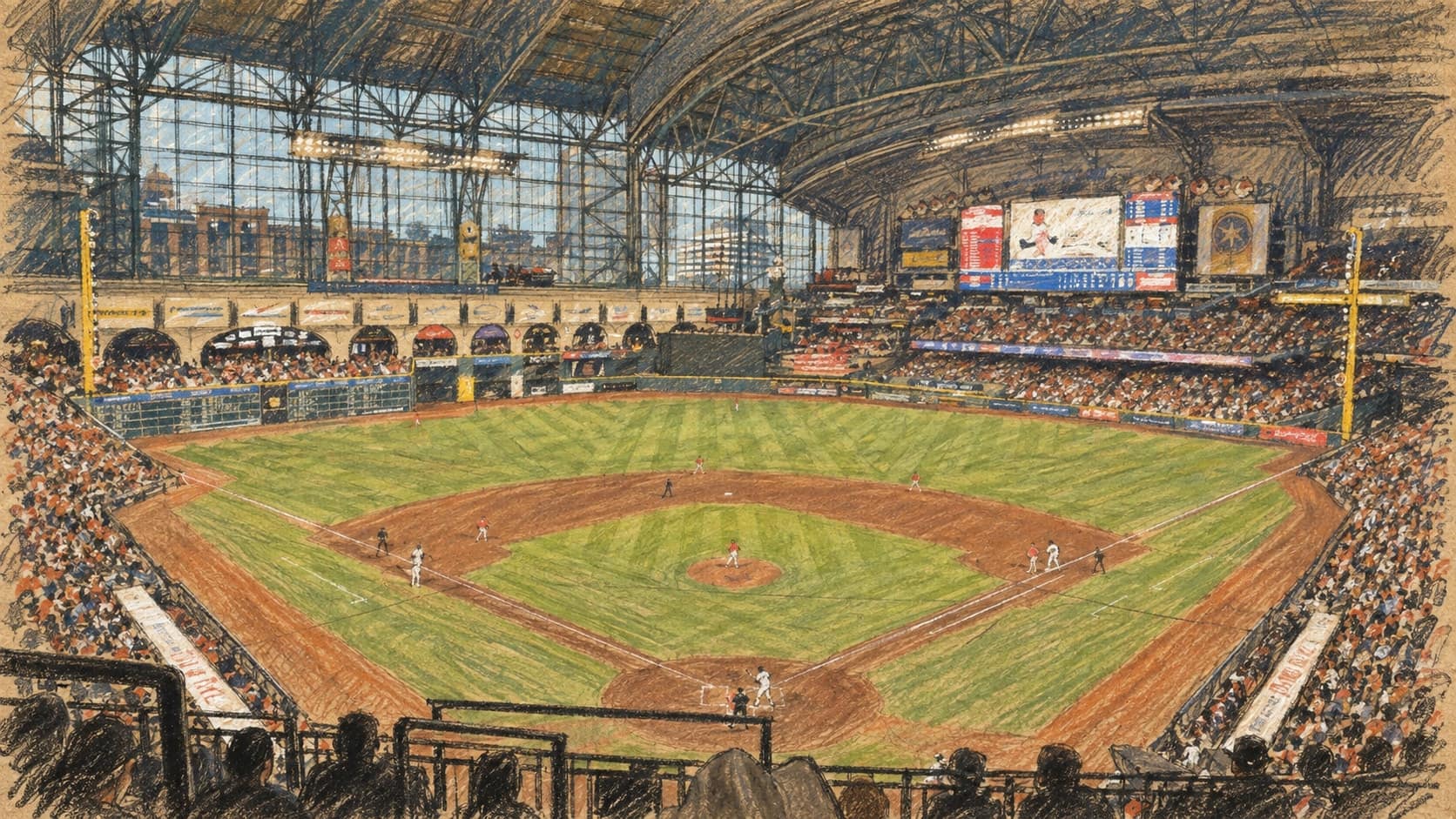 Courtroom-sketch editorial illustration of an archival August 2025 baseball game at Houston's Daikin Park, with the diamond, players, spectators and roof visible; venue context, not the 2026 Astros clinching game, rendered in warm ochre and slate-blue pastel strokes.