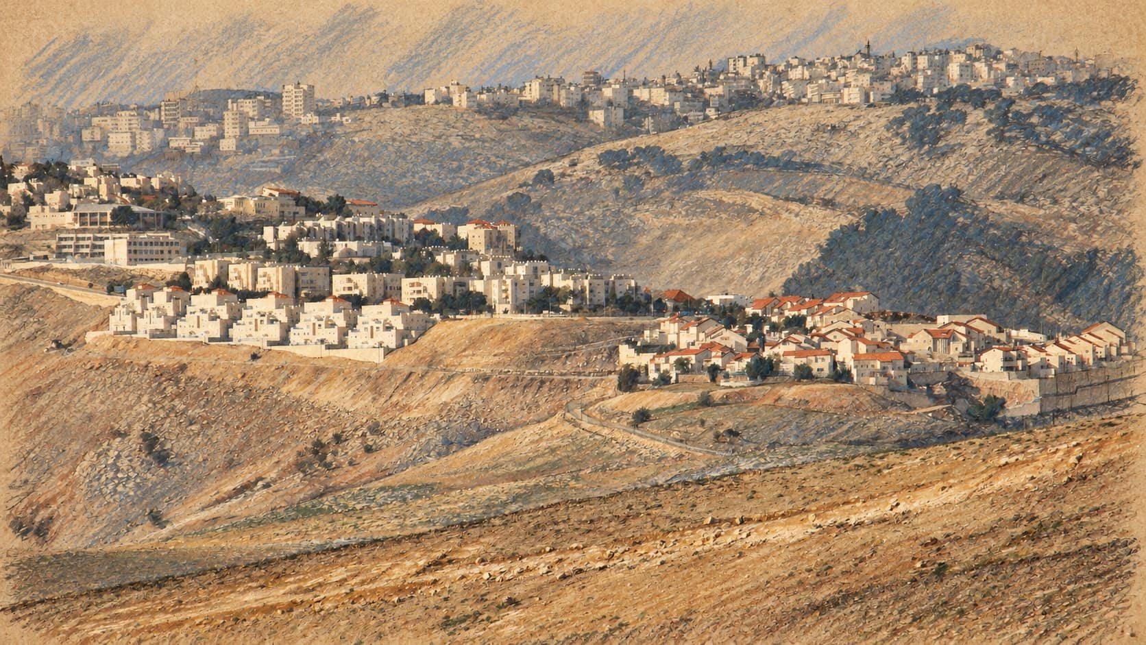 Courtroom-sketch editorial illustration of the Mitzpe Nevo neighborhood of Ma'ale Adumim, with white stone apartment blocks and red-roofed houses spread across terraced desert hills and more hilltop housing fading into the haze, drawn from a March 2009 photograph taken from Kfar Adumim; a contextual image of Ma'ale Adumim, not a depiction of the E1 area, Mayor Guy Yifrach or the September 2026 postponement of the E1 housing tender.
