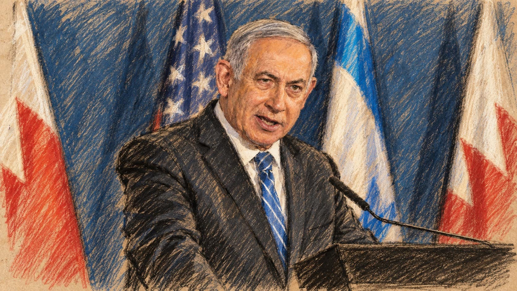Courtroom-sketch editorial illustration of Prime Minister Benjamin Netanyahu speaking at a lectern before American, Israeli and Bahraini flags, drawn from a November 18, 2020 State Department photograph of his joint remarks in Jerusalem; archival context, not a depiction of his office's denial or of any meeting with Egyptian intelligence chief Abbas Kamel