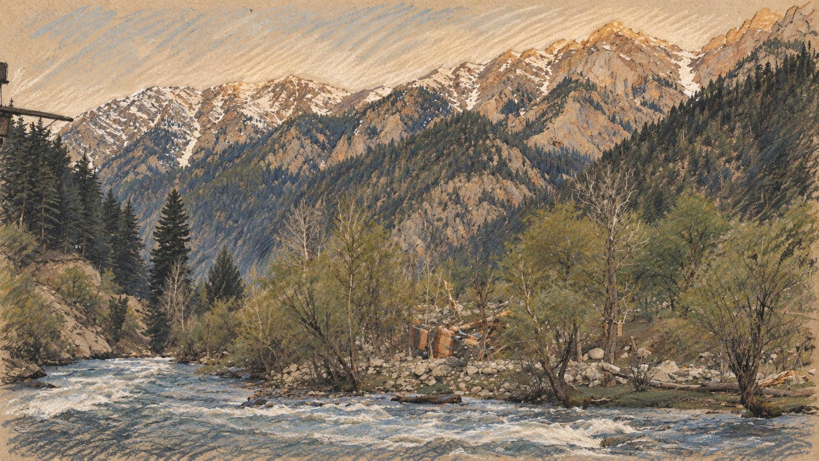 Courtroom-sketch editorial illustration of an archival 2011 Nuristan mountain stream and wooded valley; geographic context, not the September 2026 clashes, rendered in warm ochre and slate-blue pastel strokes.