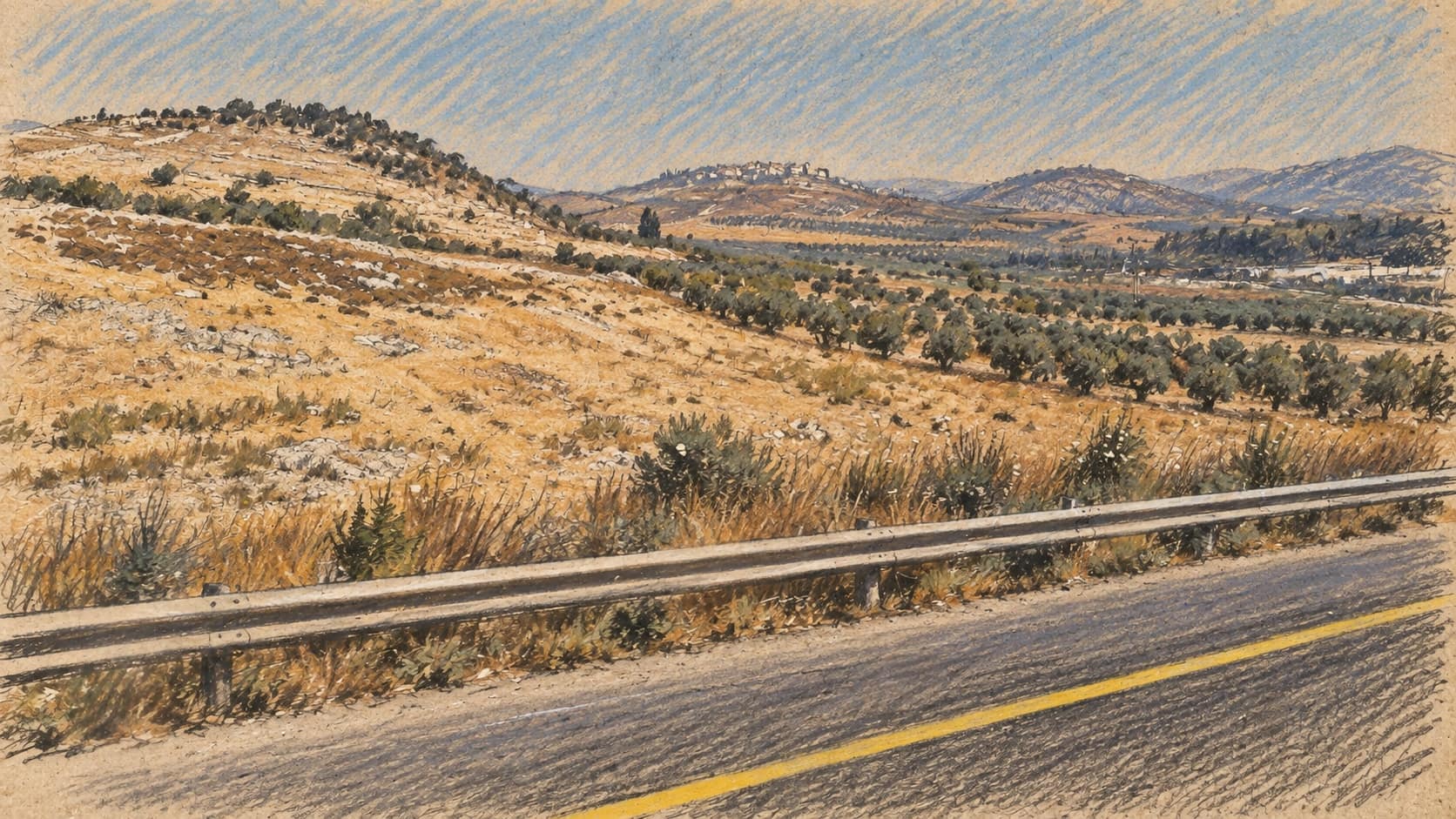 Courtroom-sketch editorial illustration of a highway with a yellow edge line and a metal guardrail running past dry golden hillsides, rows of olive trees and hazy hills with a distant hilltop village in Samaria, drawn from a May 2025 photograph taken north of the Kedumim–Shavei Shomron road; a contextual image of the Judea and Samaria region that Finance Minister Bezalel Smotrich discussed in his September 2026 ynet podcast interview, not a depiction of Smotrich, the interview, any military operation or the Palestinian Authority