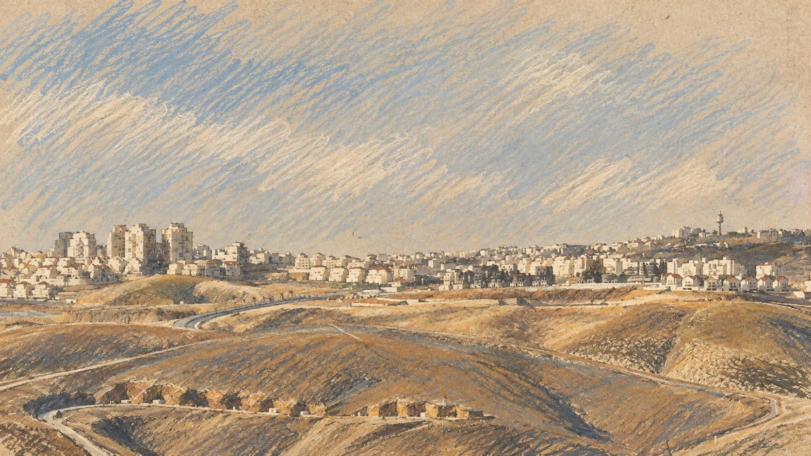 Courtroom-sketch editorial illustration of Ma'ale Adumim's buildings spread across arid hills, based on a 2009 panorama from Kfar Adumim; place context, not the September 2026 E1 petition or tender decision.