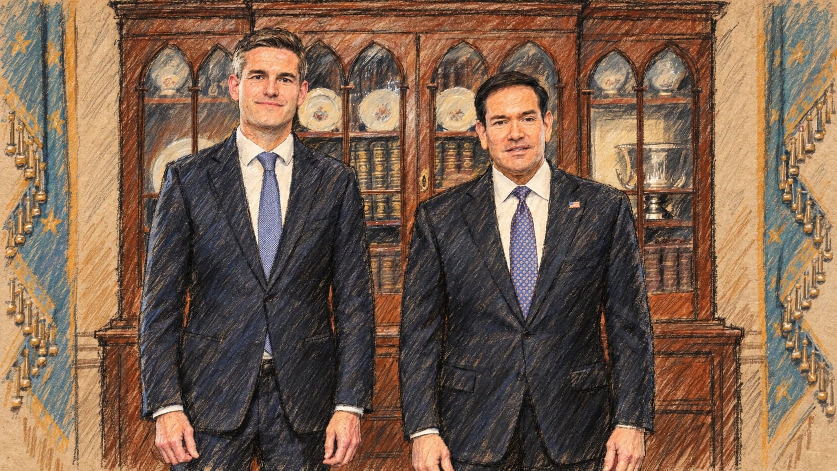 Courtroom-sketch editorial illustration of Dutch Foreign Minister Tom Berendsen standing beside Marco Rubio at their April 2026 Washington meeting; archival context, not the September 2026 Ramallah diplomat decision.
