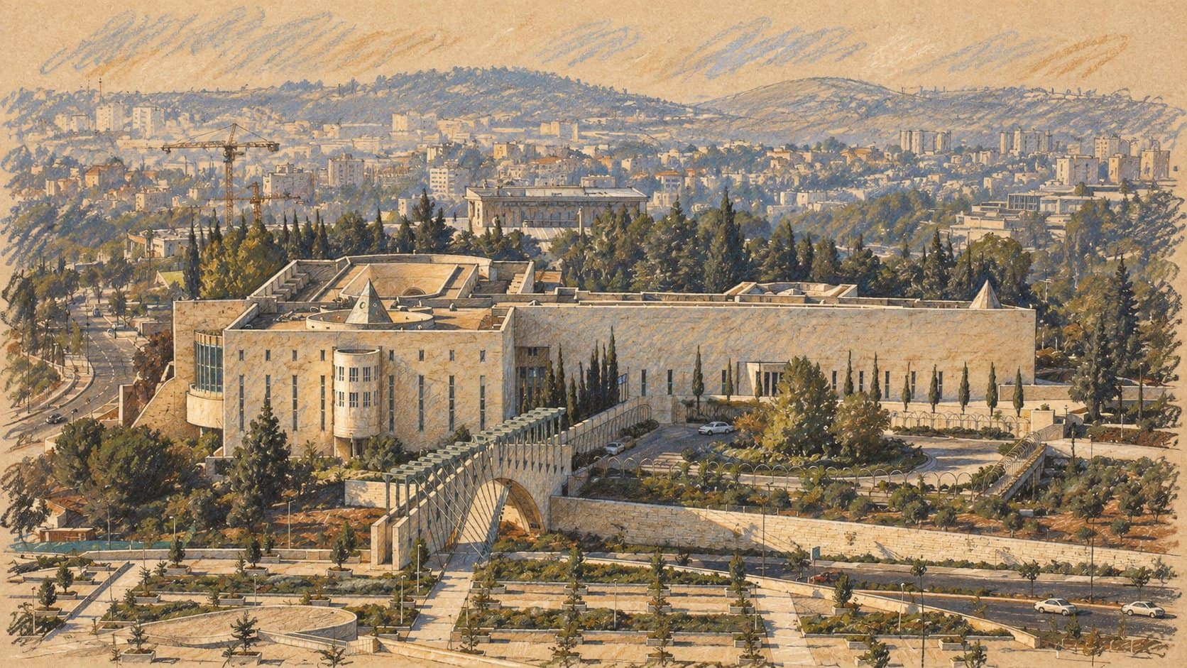 Courtroom-sketch editorial illustration of Israel's Supreme Court building and its grounds in Jerusalem; archival court context, not the September 2026 filing.