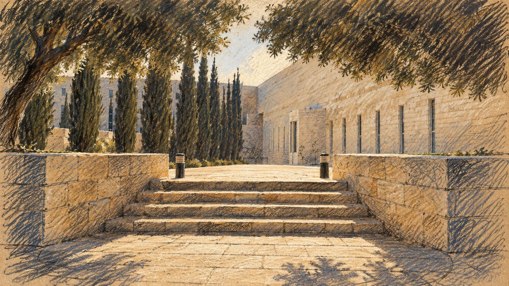 Courtroom-sketch editorial illustration of the tree-framed steps outside Israel's Supreme Court building in Jerusalem; archival court context, not the September 2026 petition filing.