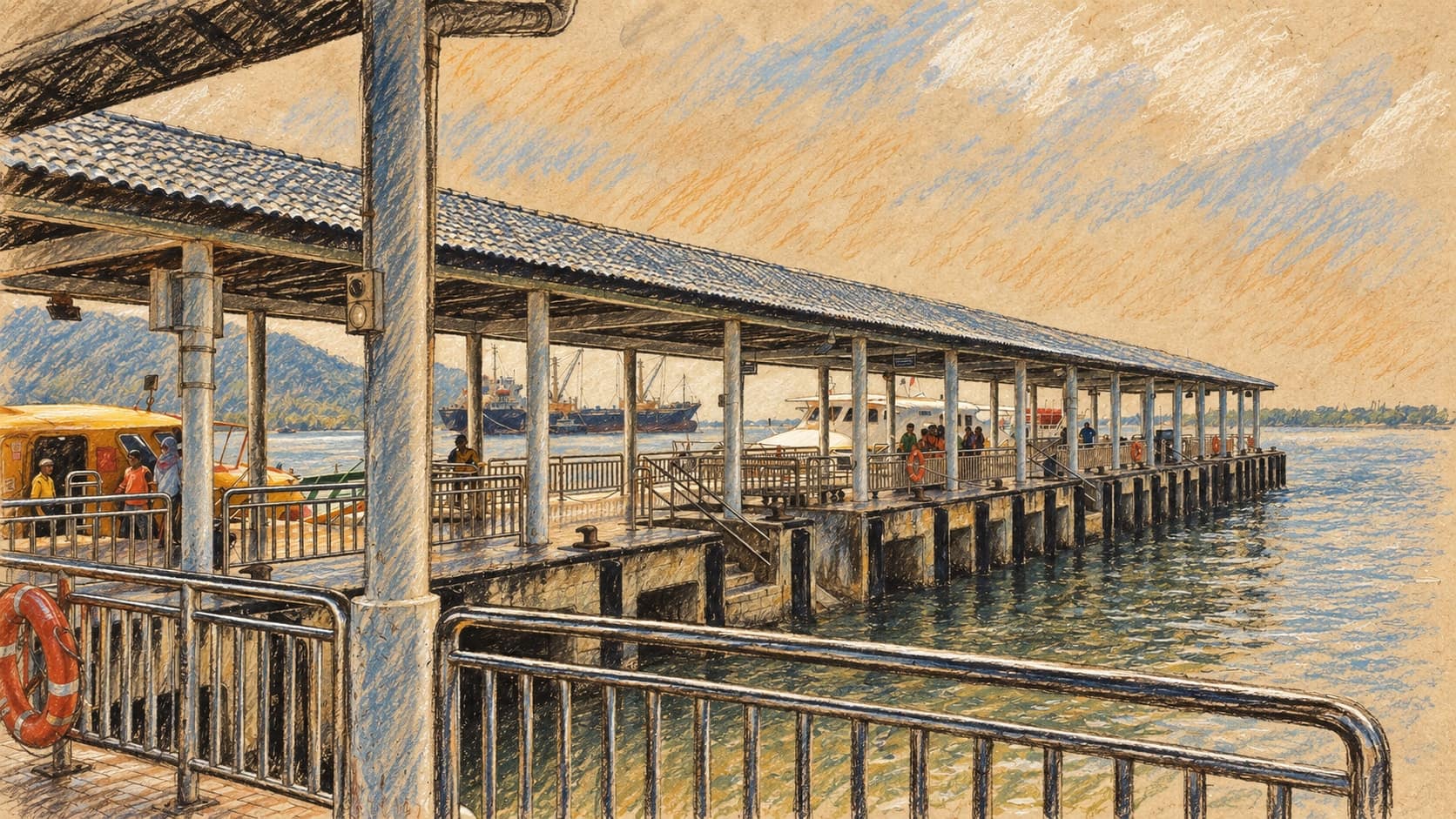 Courtroom-sketch editorial illustration of the roofed ferry jetty and waterfront at Lumut, Perak; archival geographic context, not a depiction of the September 2026 repatriation processing, rendered in warm ochre and slate-blue pastel strokes.