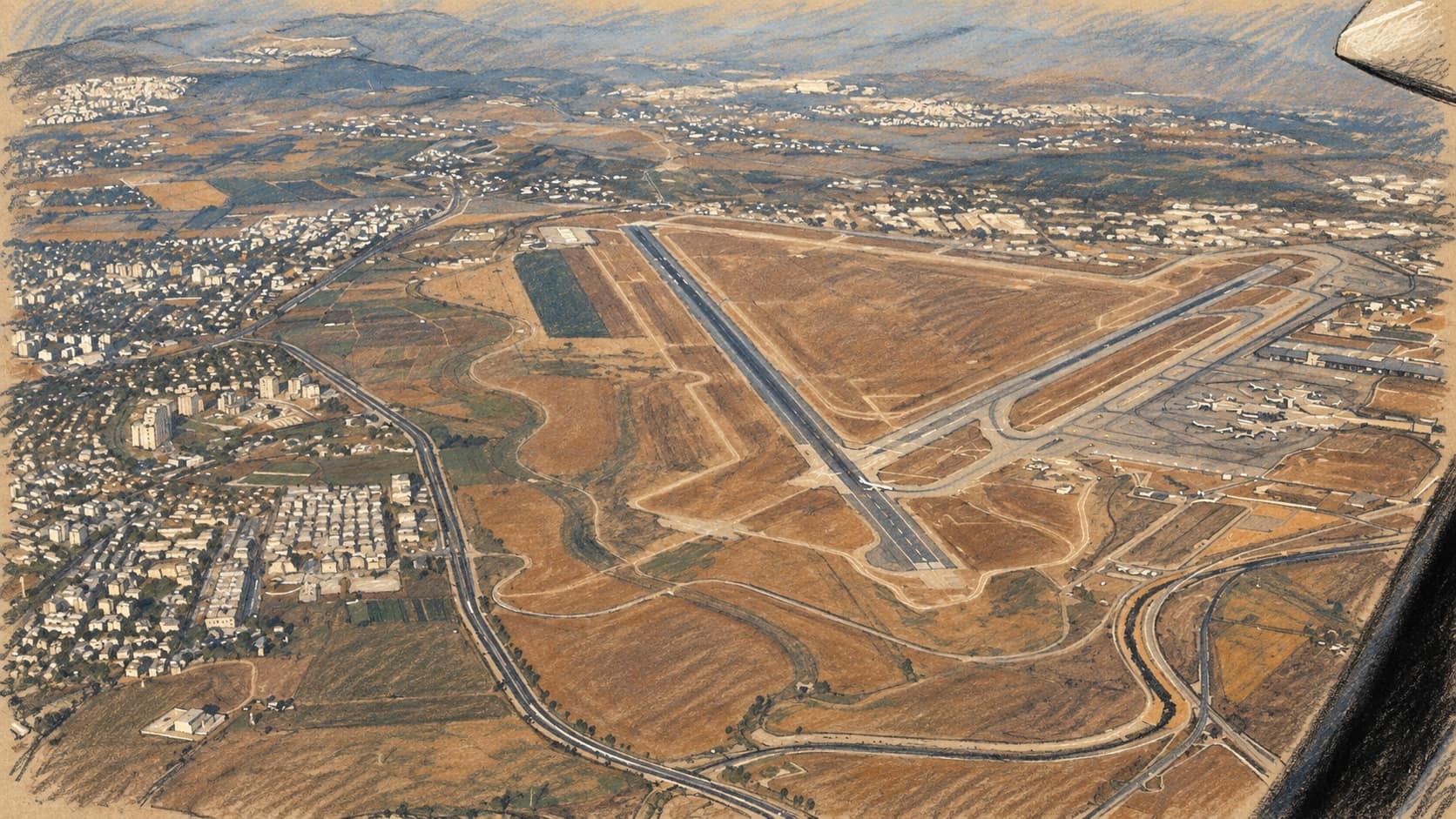 Courtroom-sketch editorial illustration of Ben Gurion Airport's runways, taxiways and nearby fields from an archival aerial view; contextual aviation infrastructure for the airline share-price report.