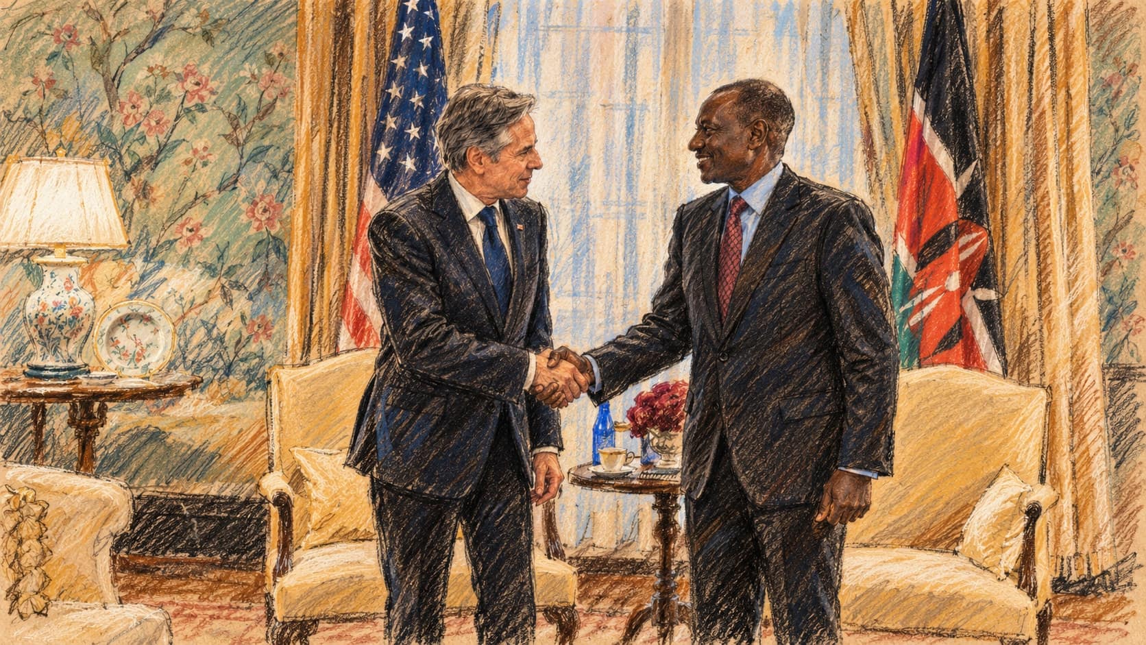 Courtroom-sketch editorial illustration of Antony Blinken, left, and William Ruto shaking hands at Blair House in an archival May 2024 photograph, between armchairs and national flags; contextual artwork, not the September 2026 Lamu refinery ceremony, rendered in warm ochre and slate-blue pastel strokes.