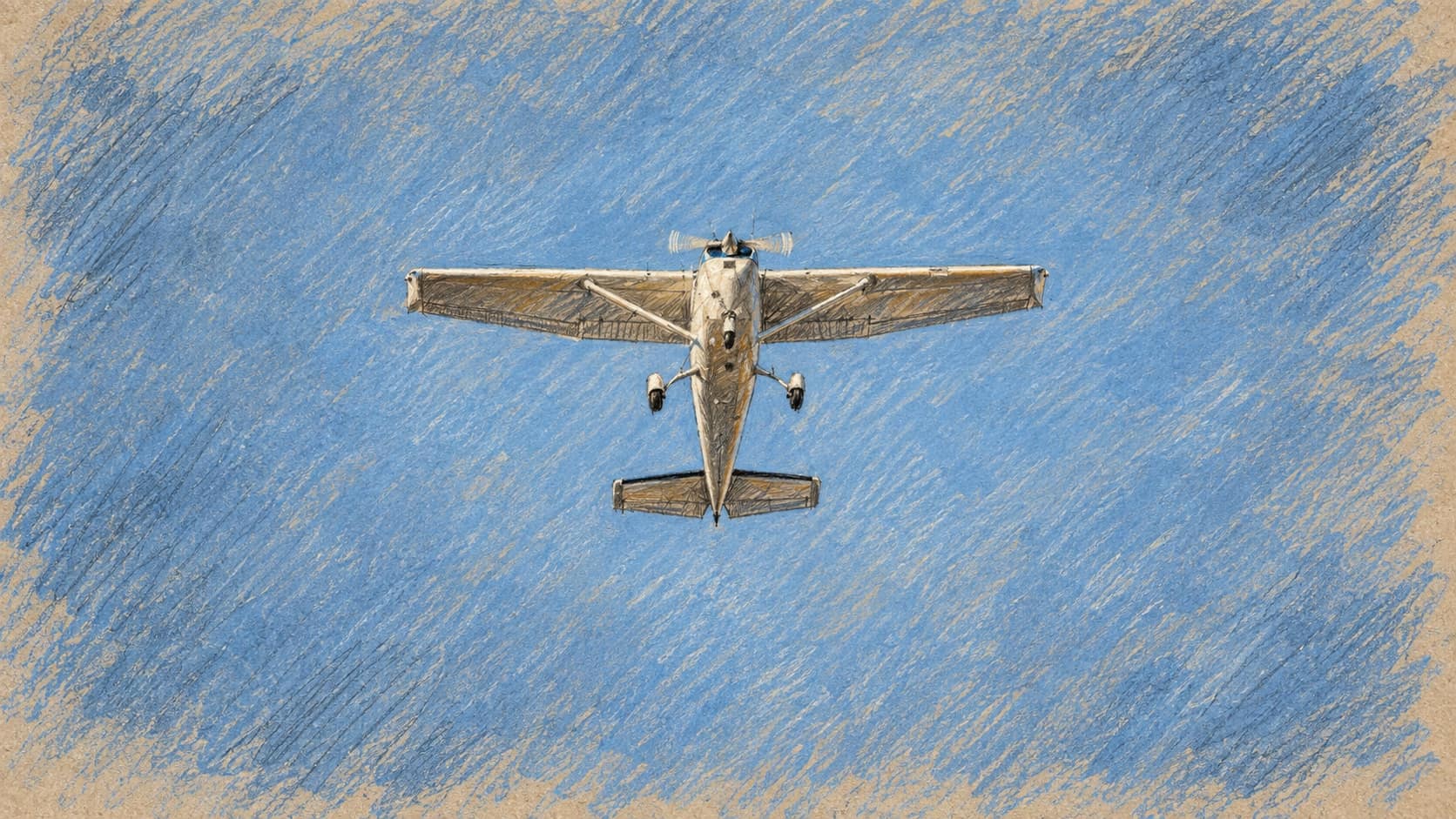 Courtroom-sketch editorial illustration of a small white propeller airplane viewed from underneath against blue sky; archival general aviation context, not the reported IAF or Flydubai aircraft or Tabuk incident.