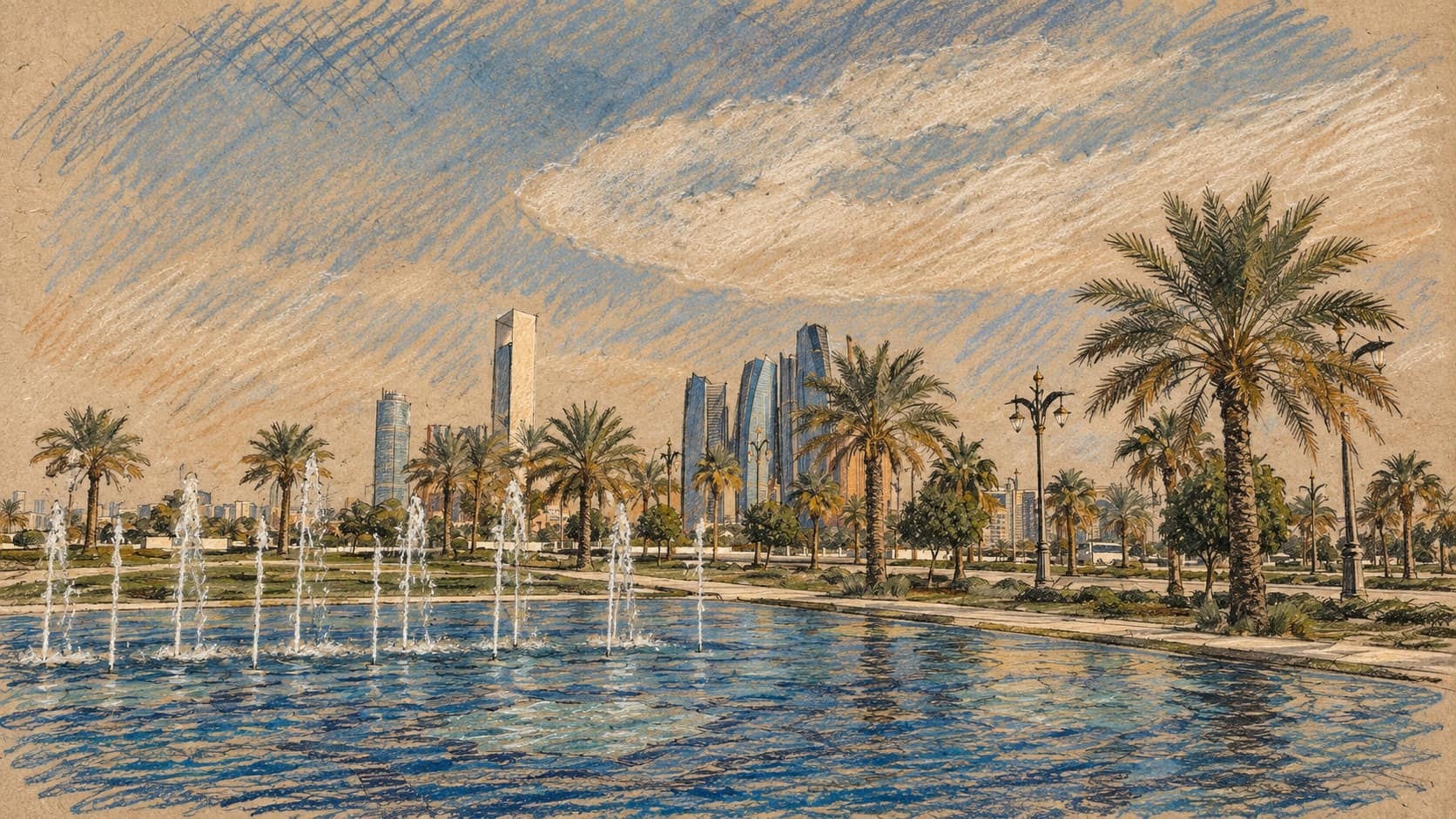 Courtroom-sketch editorial illustration of the fountain pool, palms and skyline in an archival Abu Dhabi view from Qasr Al Watan; contextual city image, not the pilots’ transfer.