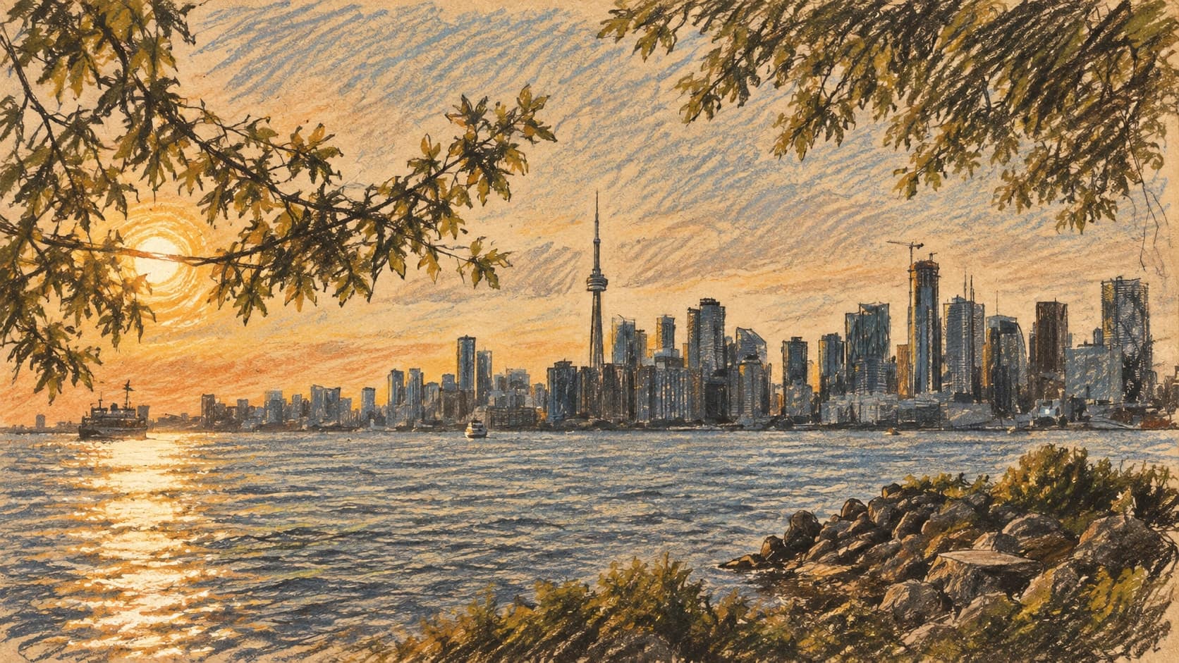 Courtroom-sketch editorial illustration of an archival August 2025 view of the Toronto skyline and CN Tower across the water from Ward's Island, framed by leafy branches and a rocky shoreline; contextual Greater Toronto imagery rather than a depiction of the October 2026 funding announcement, rendered in warm ochre and slate-blue pastel strokes.